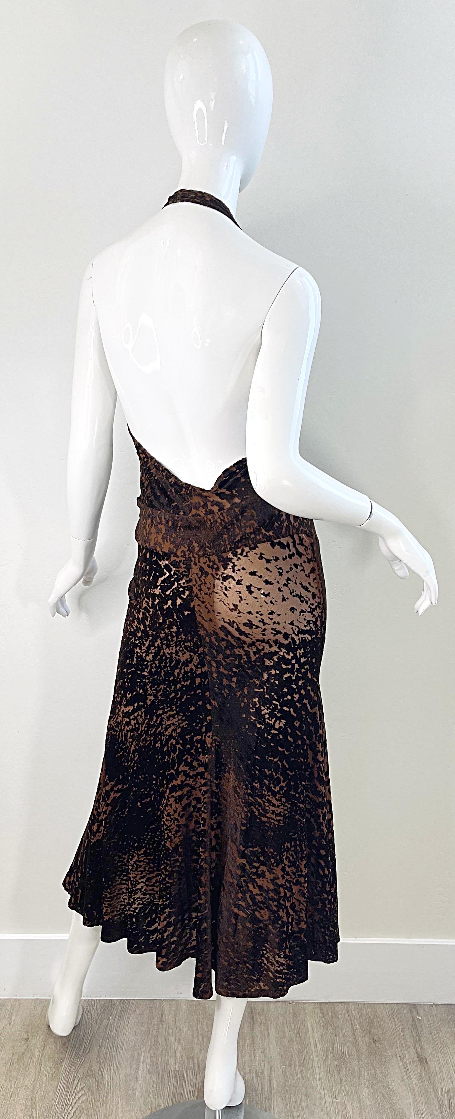 NWT Donna Karan F/W 2004 Brown Rayon Velvet Devore Leopard Sheer Plunging Dress 6