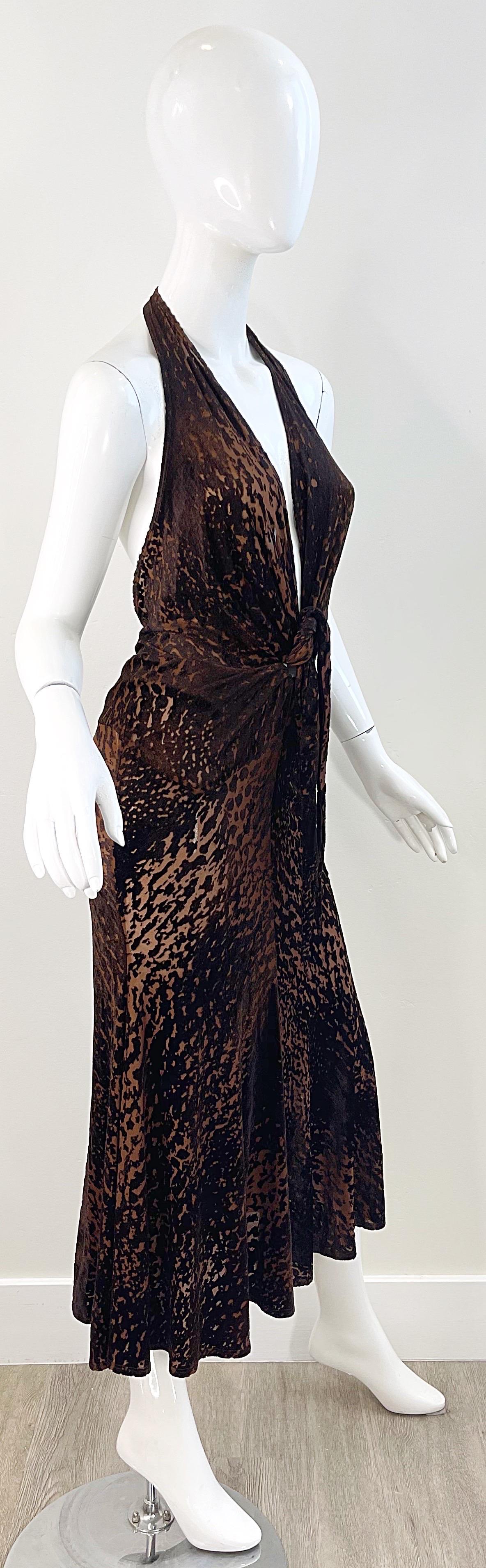 NWT Donna Karan F/W 2004 Brown Rayon Velvet Devore Leopard Sheer Plunging Dress 7
