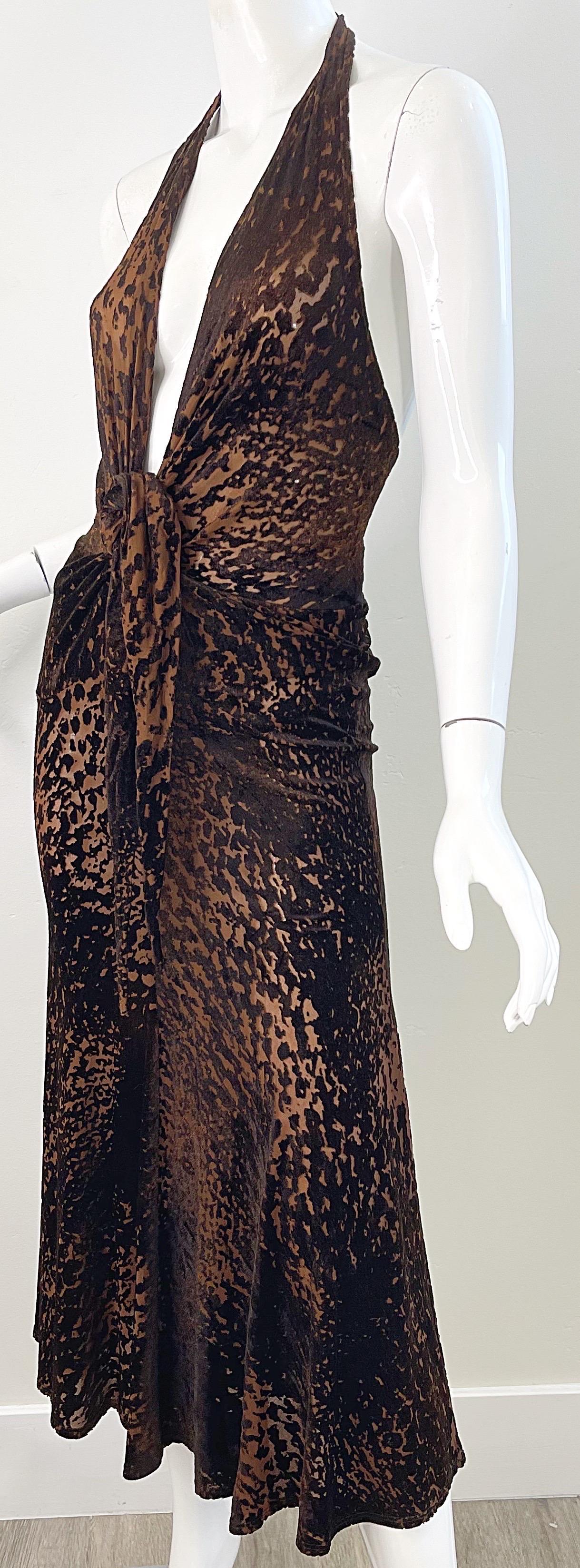 NWT Donna Karan F/W 2004 Brown Rayon Velvet Devore Leopard Sheer Plunging Dress 8