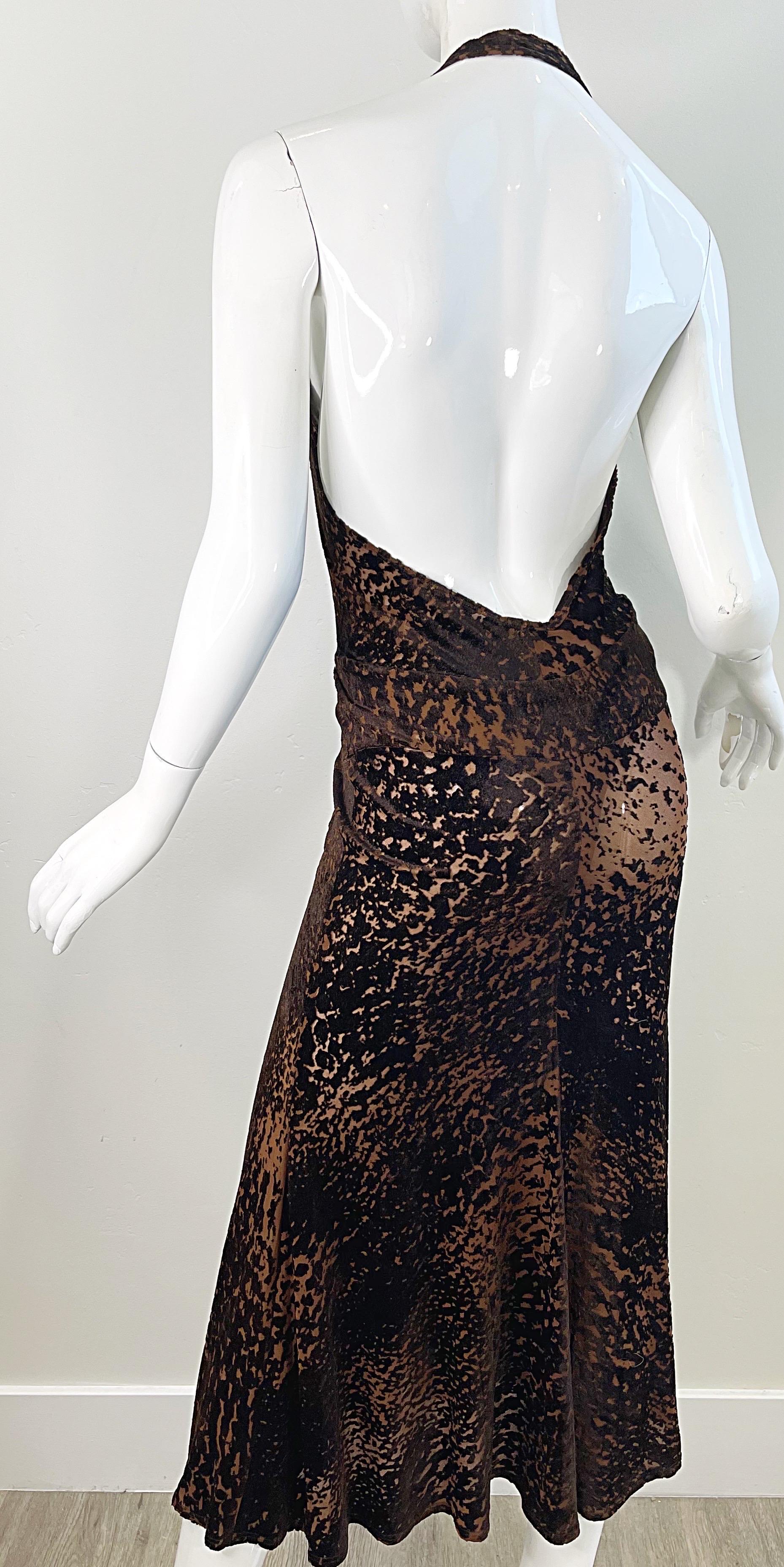 NWT Donna Karan F/W 2004 Brown Rayon Velvet Devore Leopard Sheer Plunging Dress 9