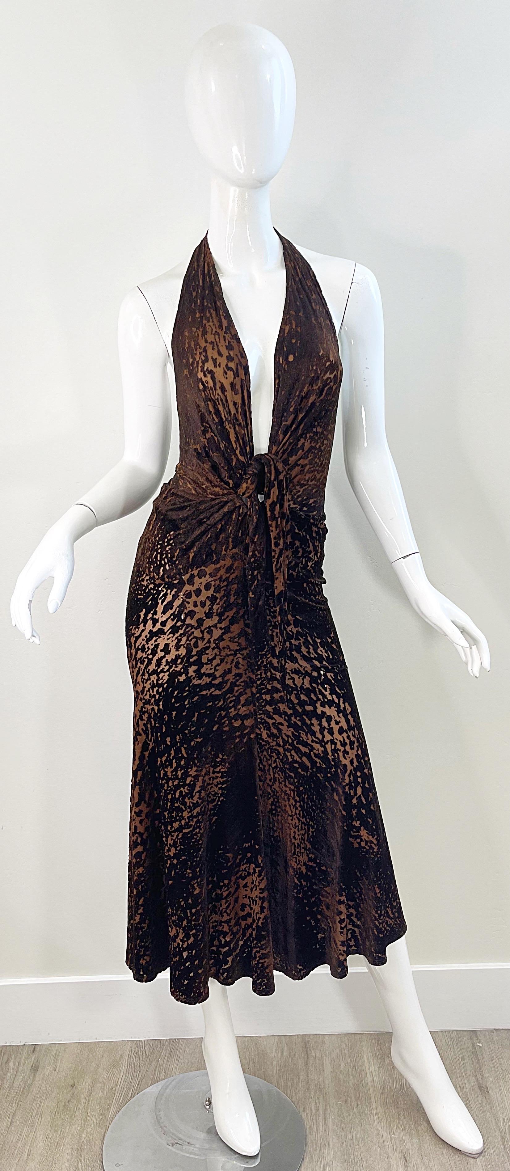 NWT Donna Karan F/W 2004 Brown Rayon Velvet Devore Leopard Sheer Plunging Dress 10
