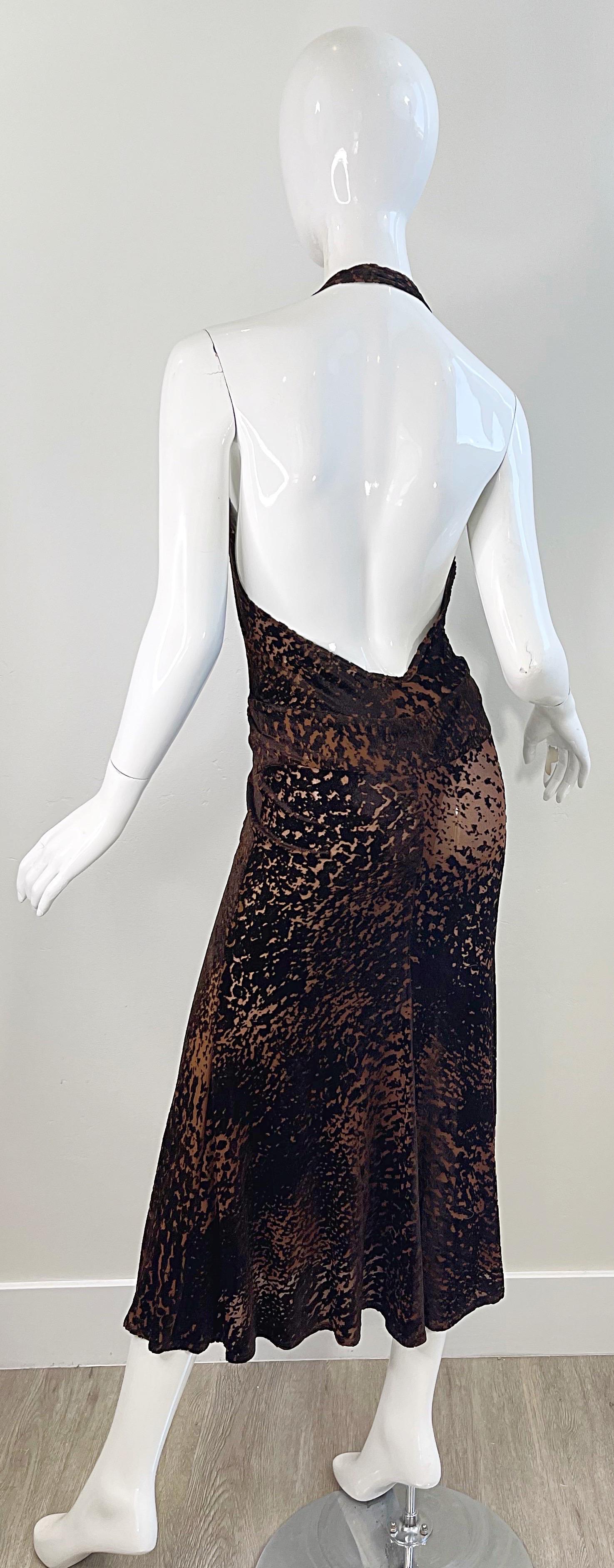 NWT Donna Karan F/W 2004 Brown Rayon Velvet Devore Leopard Sheer Plunging Dress In New Condition In San Diego, CA