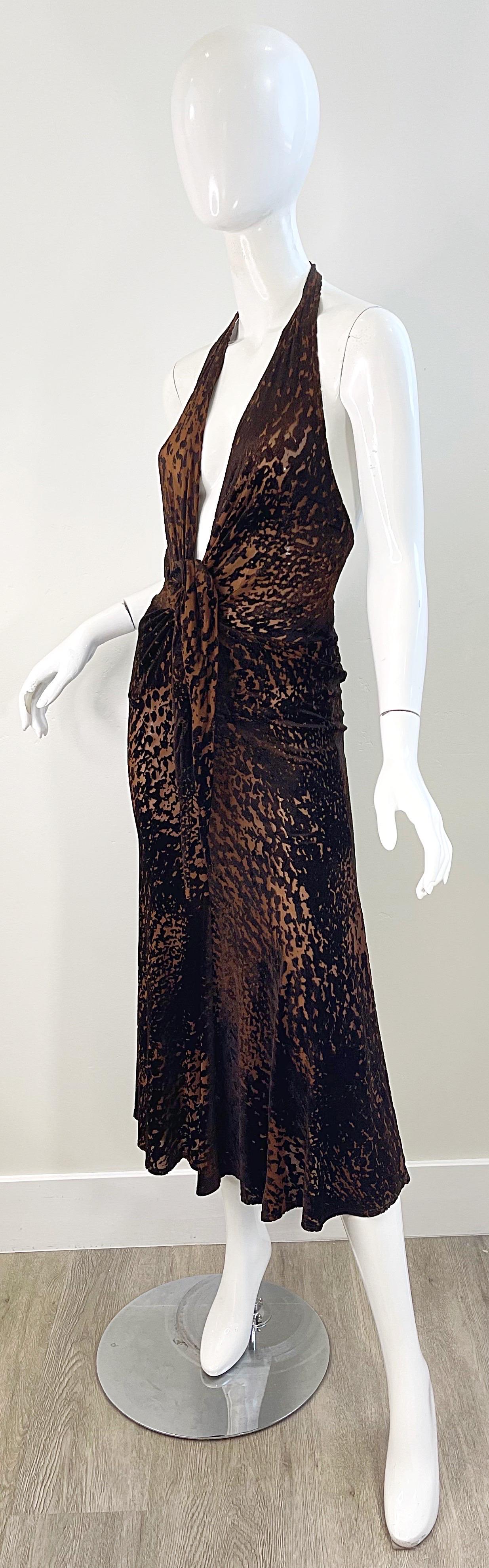 NWT Donna Karan F/W 2004 Brown Rayon Velvet Devore Leopard Sheer Plunging Dress 1
