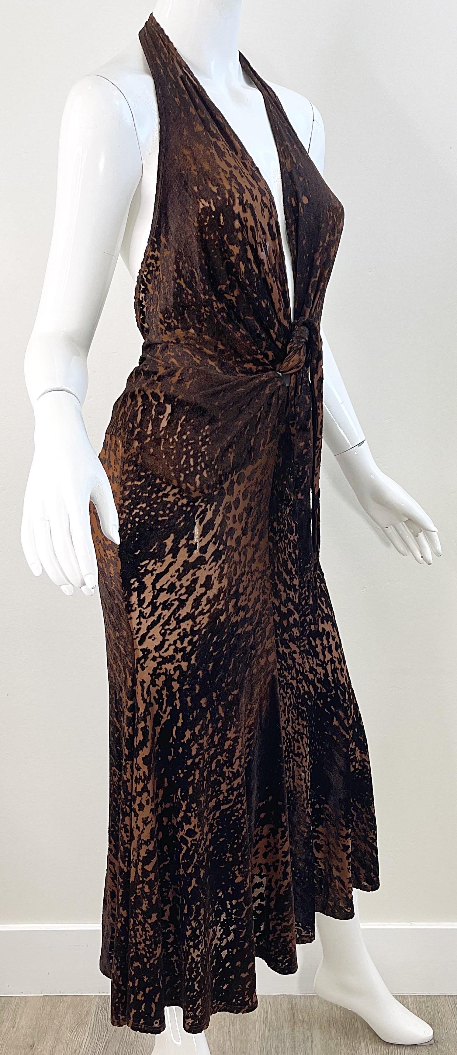 NWT Donna Karan F/W 2004 Brown Rayon Velvet Devore Leopard Sheer Plunging Dress 3