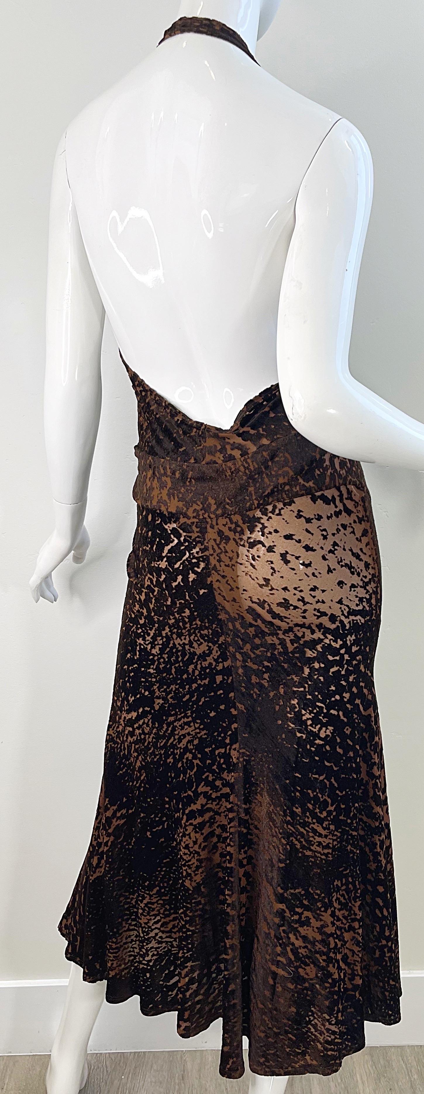 NWT Donna Karan F/W 2004 Brown Rayon Velvet Devore Leopard Sheer Plunging Dress 4