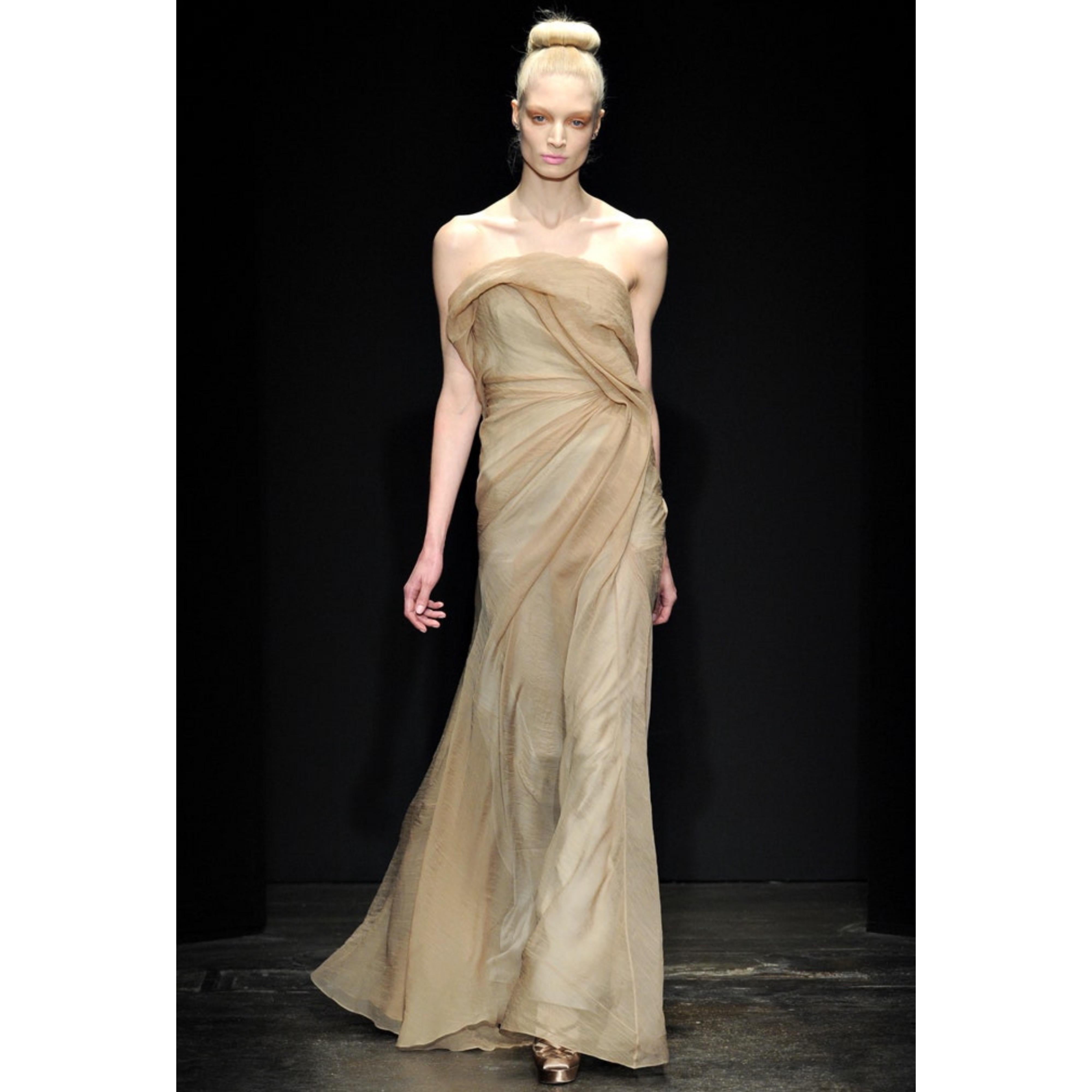 Magnifique robe bustier en organza de soie de DONNA KARAN pour le défilé de l'automne 2011 ! Il est composé du plus bel organza de soie nude, avec juste une petite quantité de reflets dorés. Le corsage osseux maintient le tout en place. Fermeture à