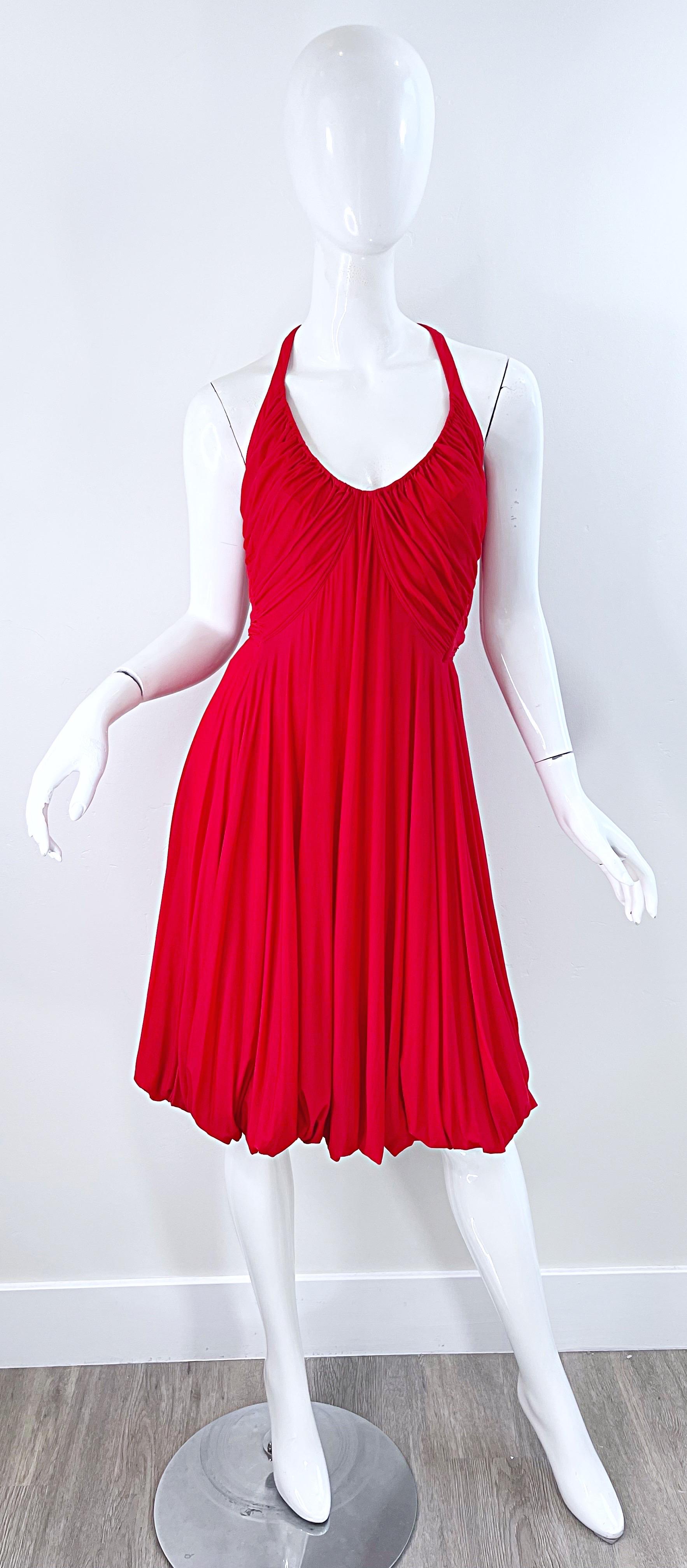 NWT Donna Karan Spring 2006 Size Medium Red Cupro Spandex Grecian Halter Dress In Excellent Condition In San Diego, CA