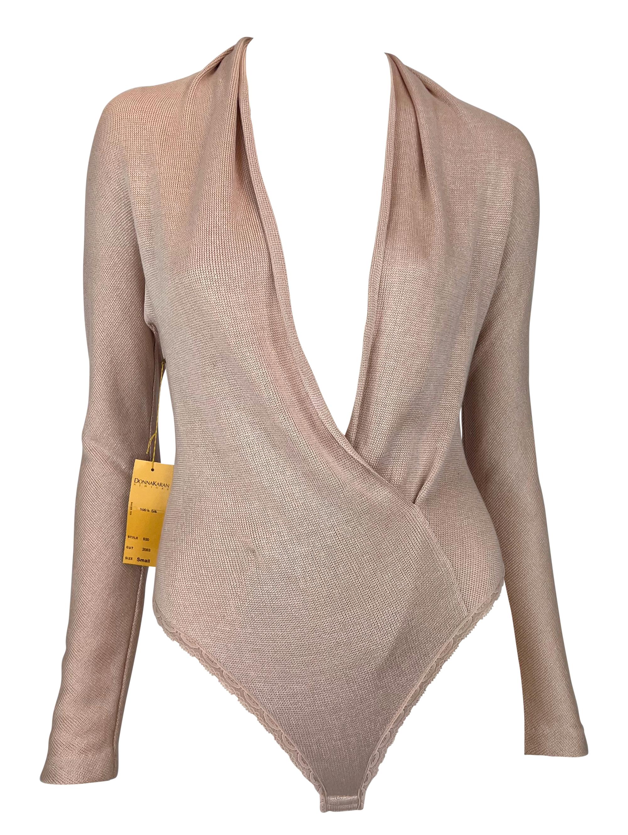 NWT Early 1990s Donna Karan Blush Pink Silk Plunging Wrap Bodysuit Top For Sale 1