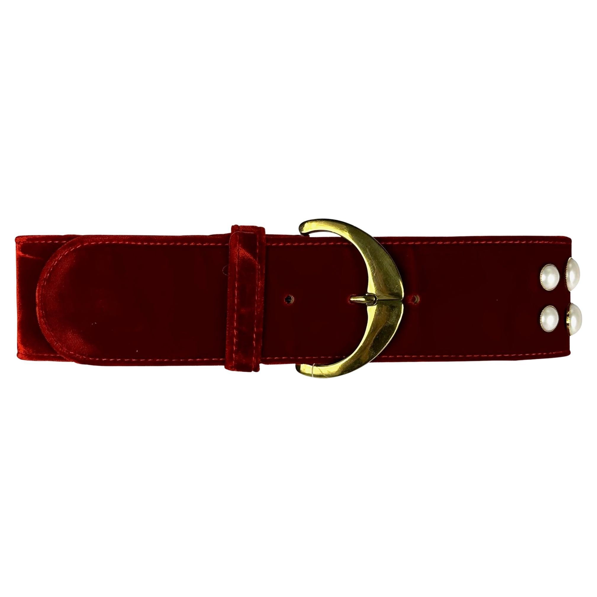 NWT Early 1990s Gianni Versace Red Velvet Gold Tone Pearl Accent Belt  For Sale