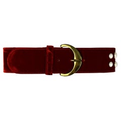 Vintage NWT Early 1990s Gianni Versace Red Velvet Gold Tone Pearl Accent Belt 