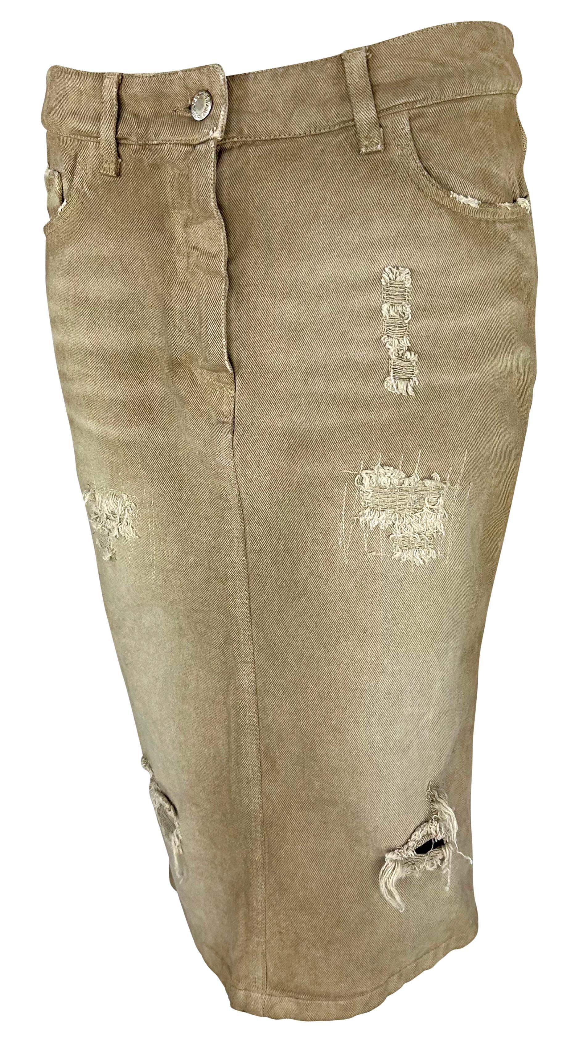 NWT Early 2000s Dolce & Gabbana Distressed Tan Denim Mid-Length Skirt In Excellent Condition For Sale In West Hollywood, CA