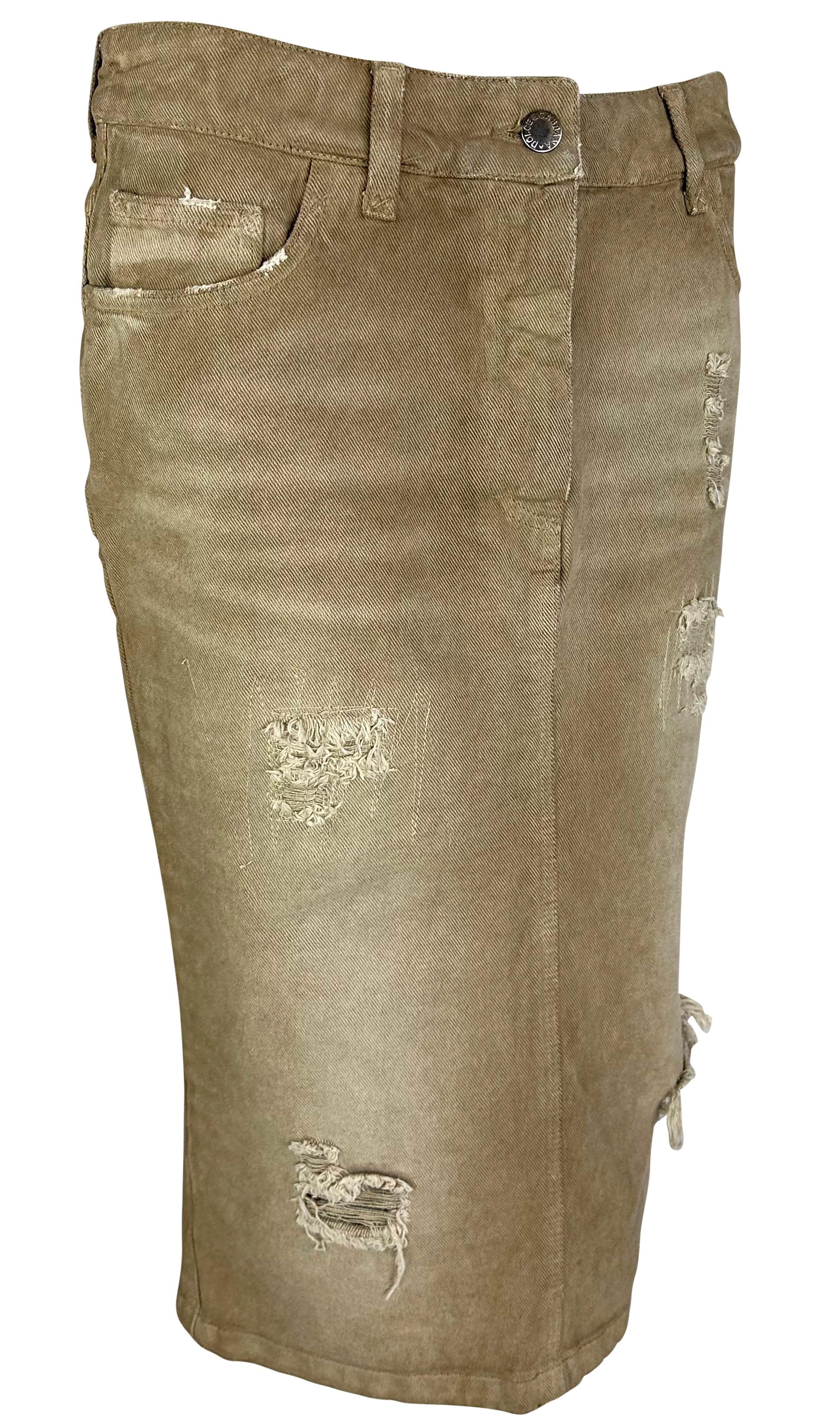 NWT Early 2000s Dolce & Gabbana Distressed Tan Denim Mid-Length Skirt For Sale 3