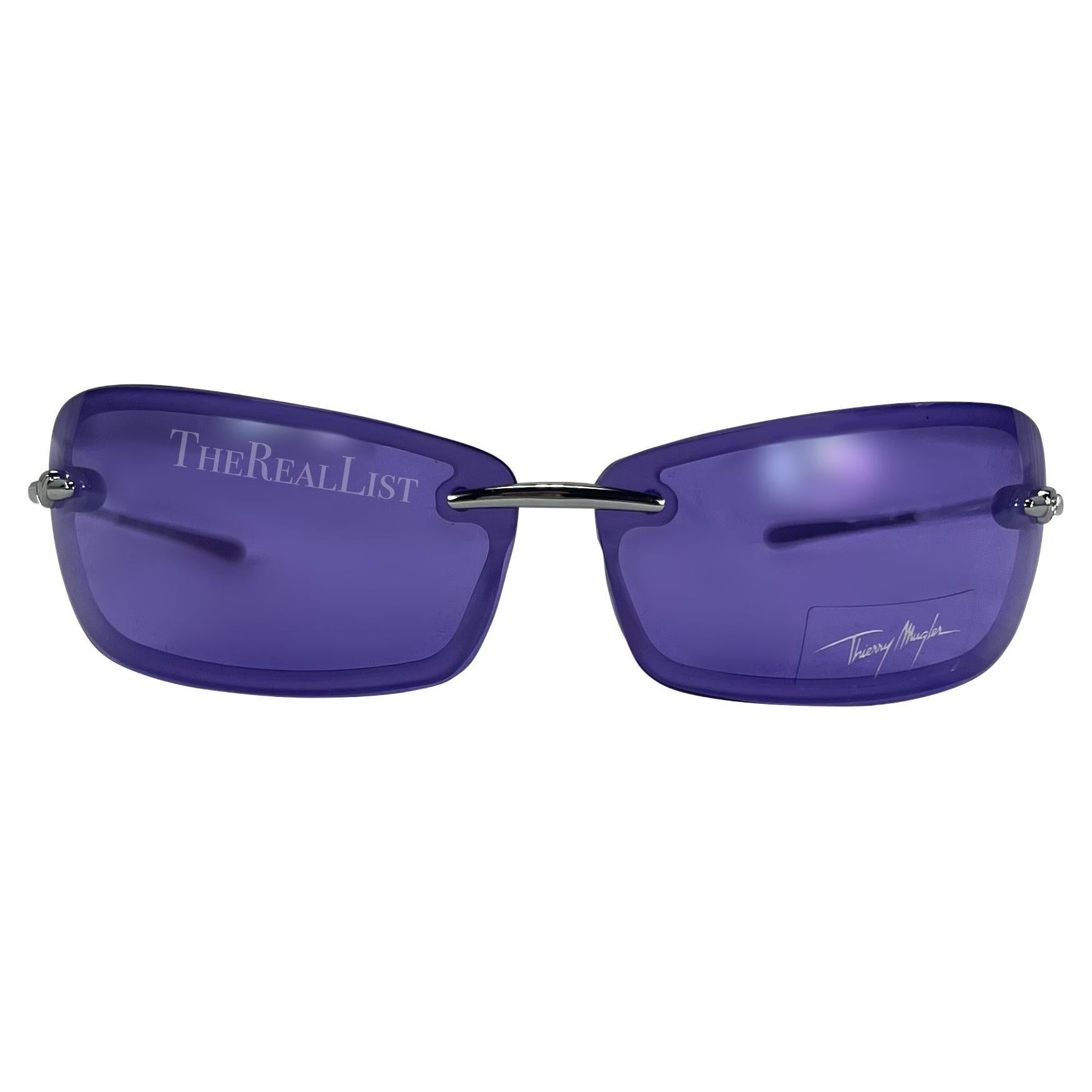 NWT Early 2000s Thierry Mugler Purple Rimless Rectangular Sunglasses en vente