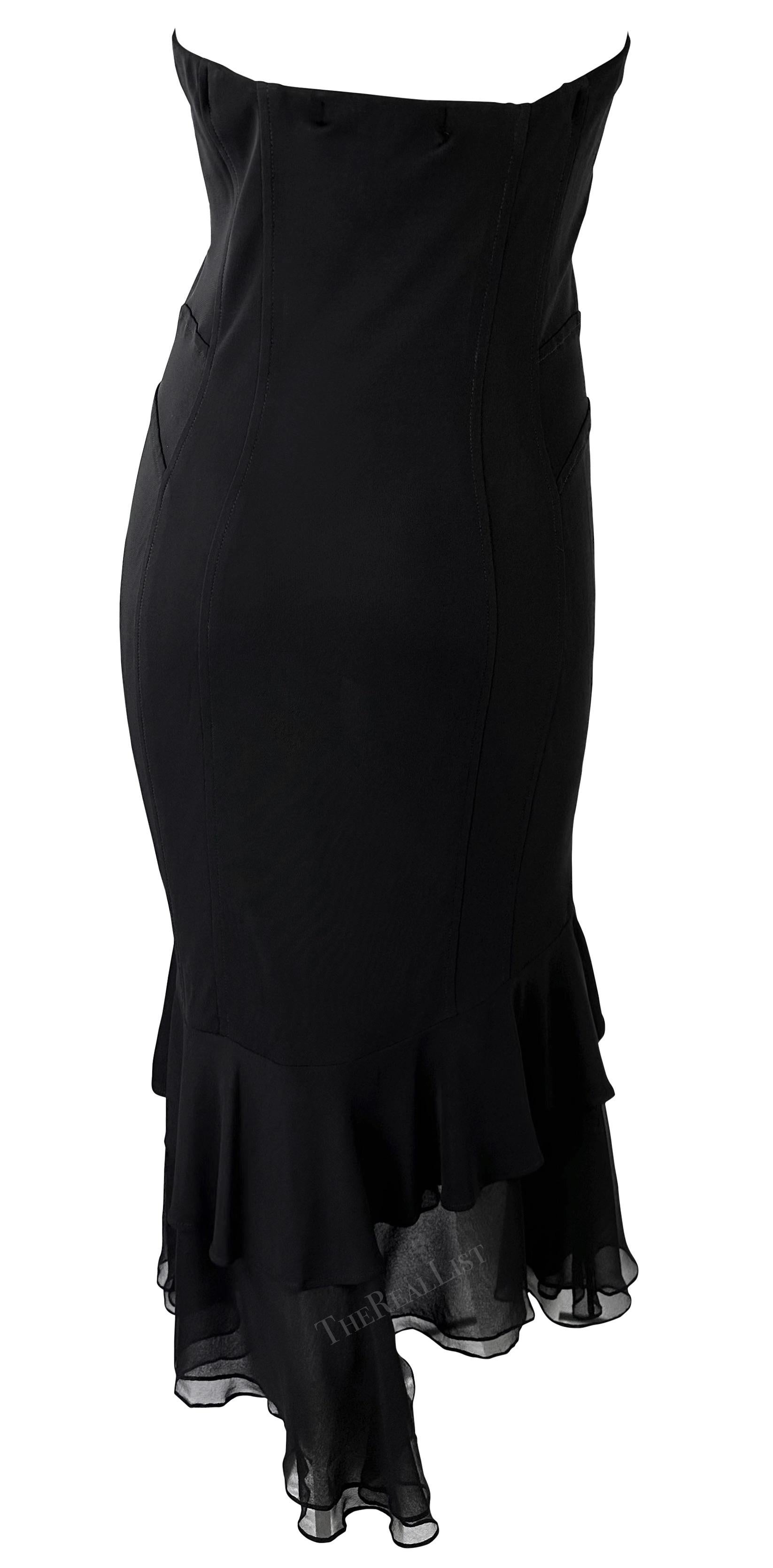 Women's NWT Early 2000s Yigal Azrouel Sheer Black Strapless Ruffle Hem Mini Dress For Sale