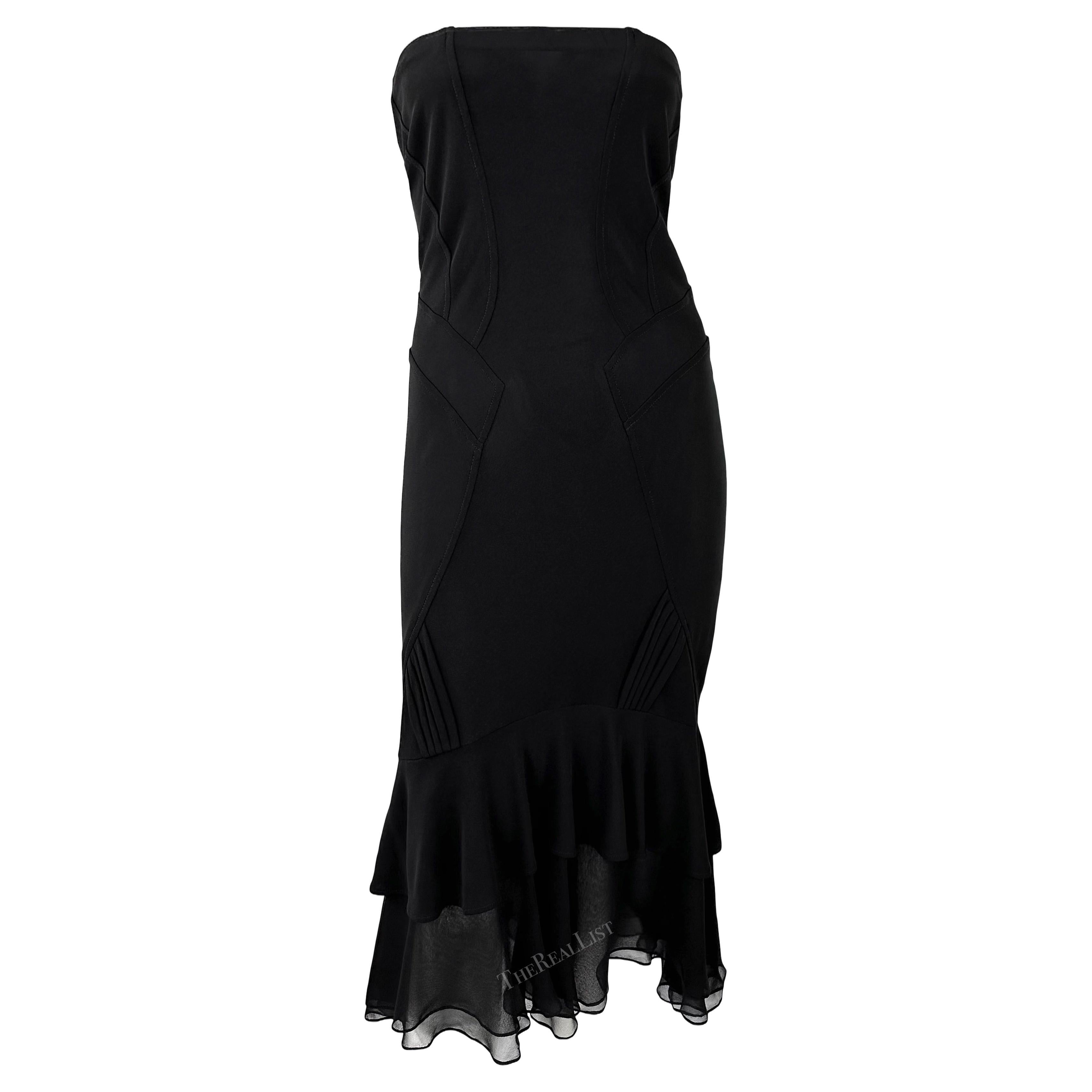 NWT Early 2000s Yigal Azrouel Sheer Black Strapless Ruffle Hem Mini Dress For Sale