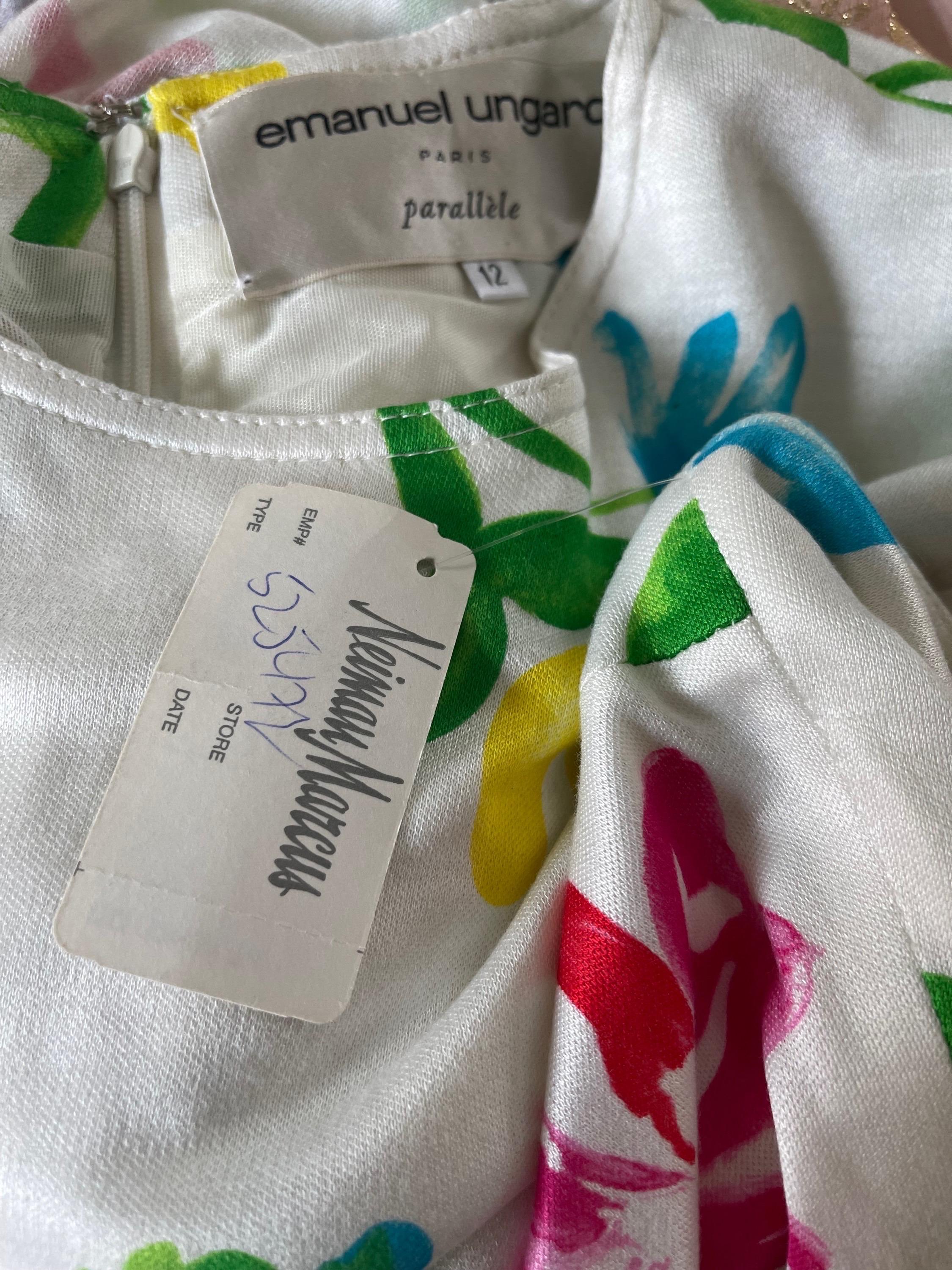 Beautiful brand new with original Neiman Marcus price tag, EMANUEL UNGARO Y2K early 2000s silk and rayon white watercolor flower print sleeveless dress ! Features a white background with vibrant colors of pink, green, blue and yellow throughout.