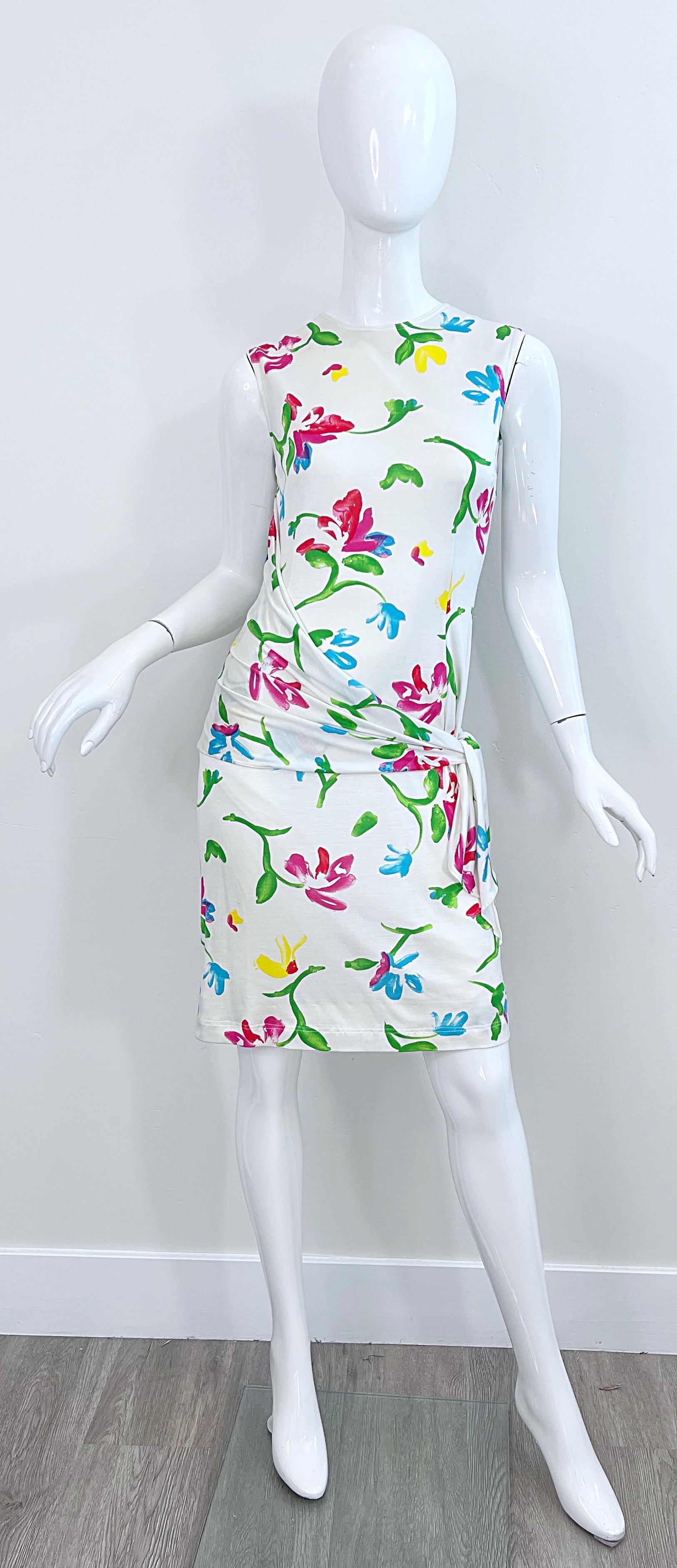 Gray NWT Emanuel Ungaro 2000s Size 12 White Flower Watercolor Print Vintage Dress  For Sale