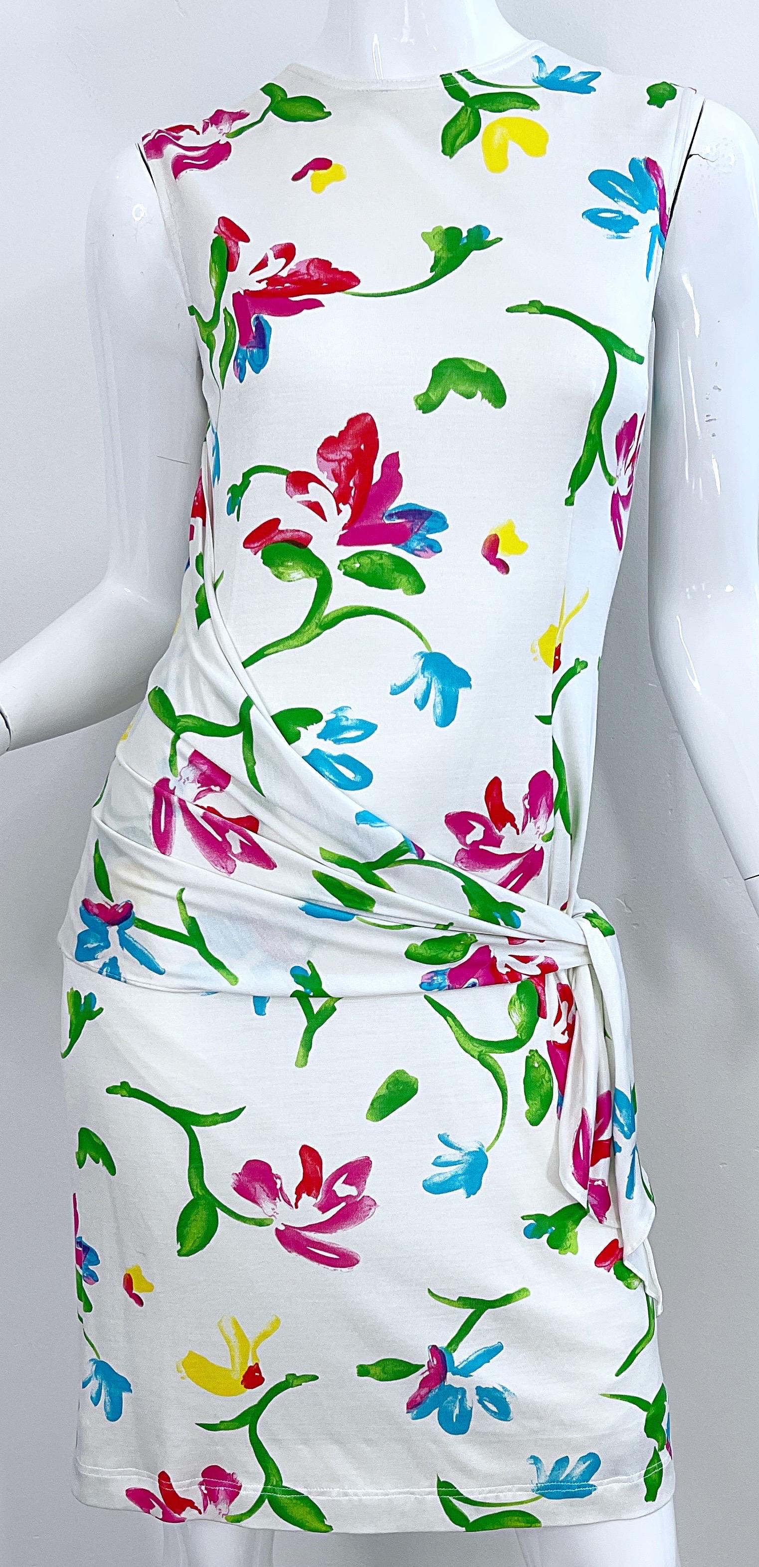 NWT Emanuel Ungaro 2000s Size 12 White Flower Watercolor Print Vintage Dress  For Sale 3