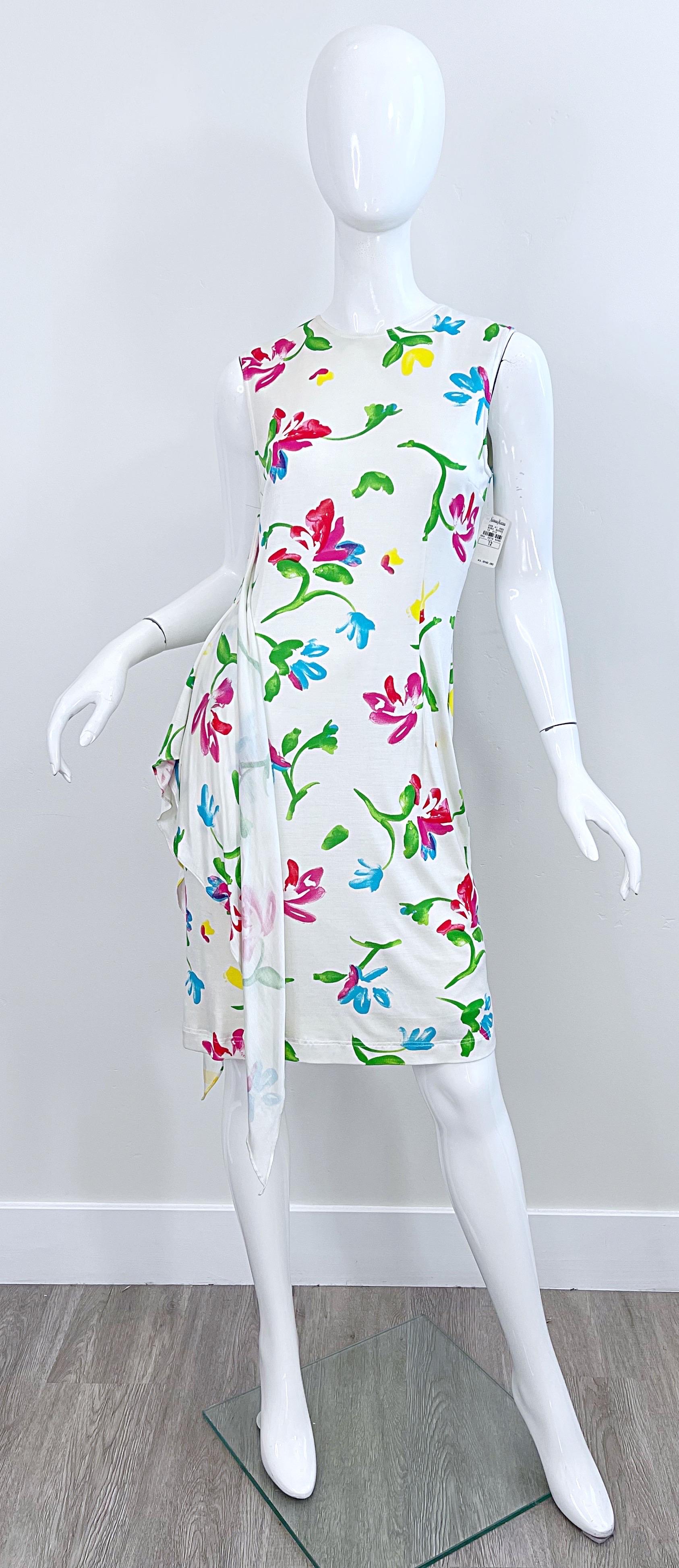 NWT Emanuel Ungaro 2000s Size 12 White Flower Watercolor Print Vintage Dress  For Sale 4