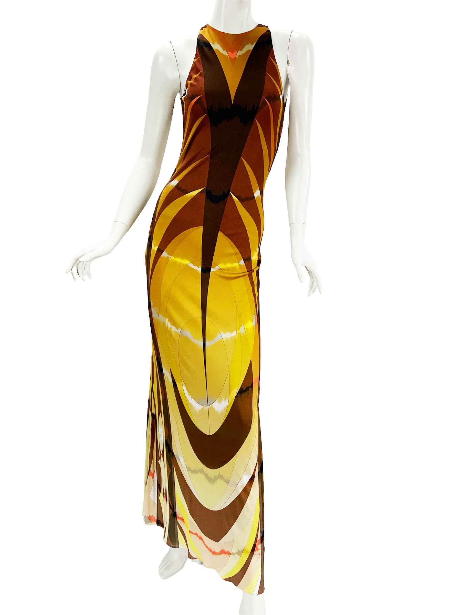 New Emilio Pucci Vintage Jersey Print Sexy Maxi Dress
Italian size 38 - US 4
Signature Designer Fabric Very Soft and Slinky, with Warm Sunset Colors. Halter Neck Style, Sexy Open Back, Fully Lined, Slip-On, Stretchy.
Measurements: Length - 60