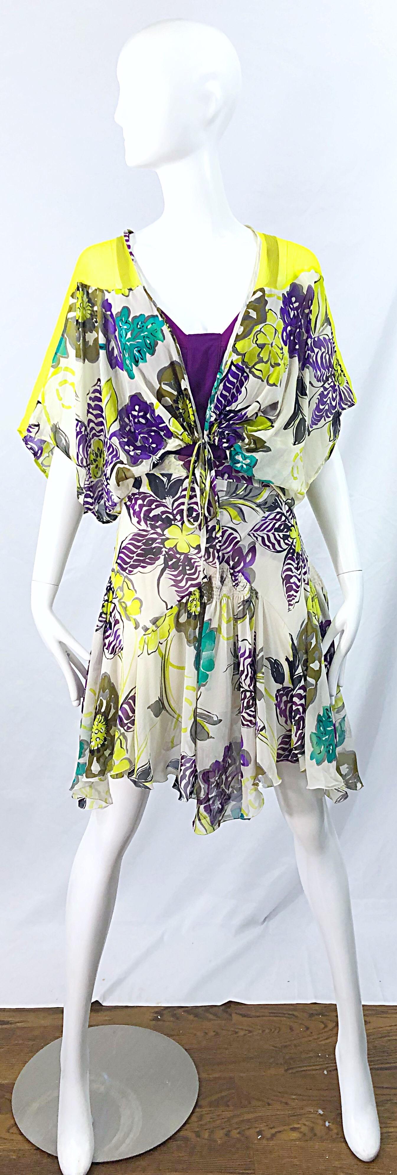 New with tags early 2000s ETRO silk chiffon three piece ensemble ! Features bright colors of neon yellow, green, purple and cream throughout. Purple silk top simply slips over the head. Semi sheer chiffon bolero has dolman sleeves and ties at center