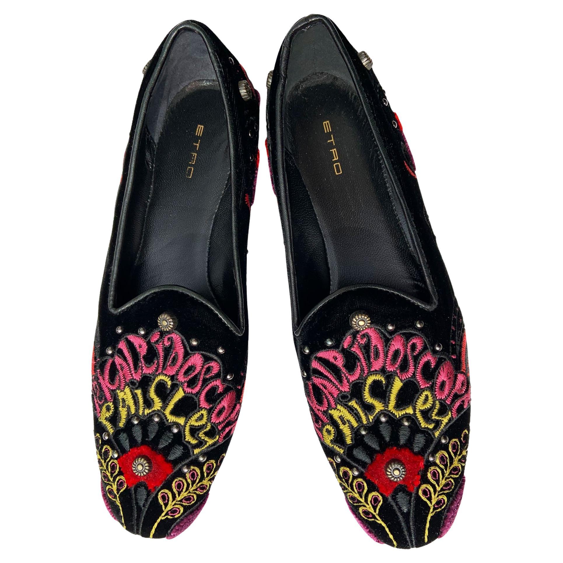 NWT Etro Black Velour Embroidered Beaded Women's Plats Loafers Italian 36 For Sale