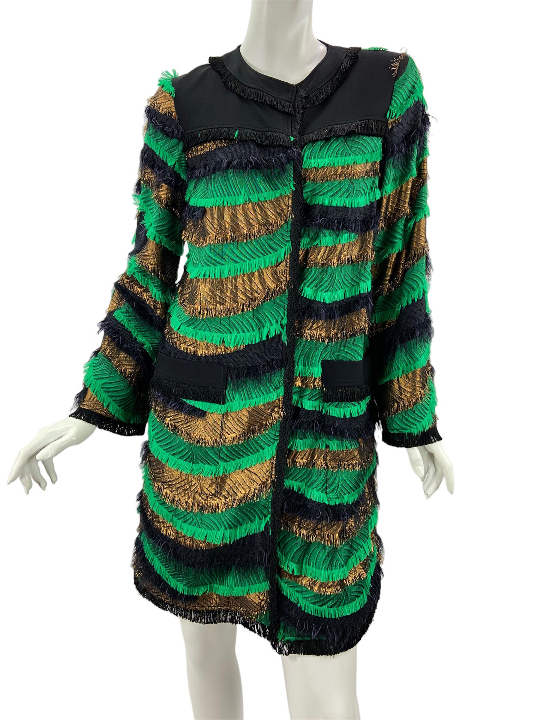NWT Etro Fringe Layered Silk Cardigan Coat
Italian size 40 - US 4
Main colors - Black, Metallic Bronze, Green. 
Multy Layered, Fringe Finished, Two Front Packets, Snaps Closure, Fully Lined, Light Weight, A-Line Silhouette.
Content: 35% Silk, 35%