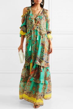 NWT Etro Silk Cold Shoulders Lace-Up Tassel Embellished Maxi Dress Italian 46