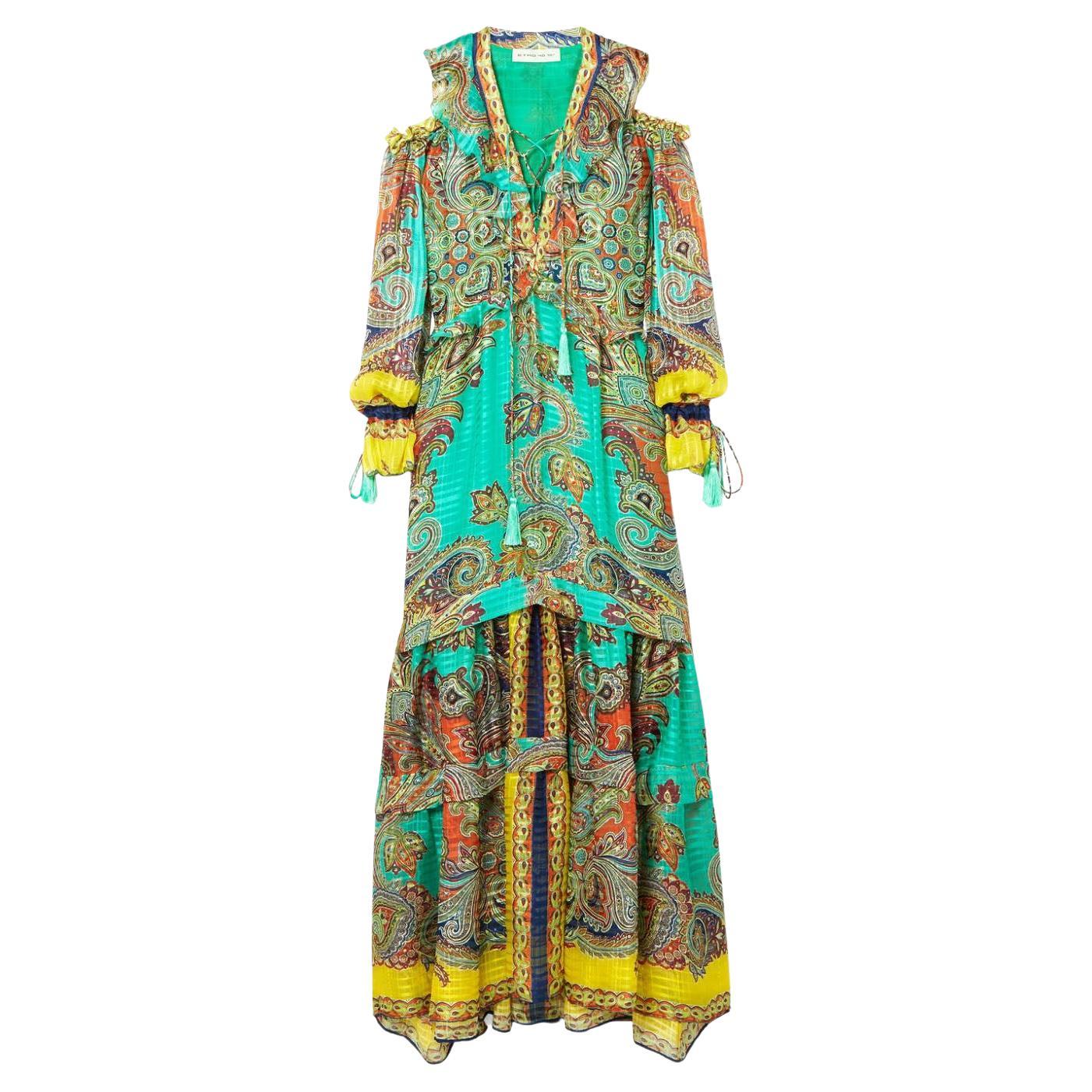 Etro - Robe longue italienne en soie à épaules dénudées, à lacets et ornée de glands, neuve avec étiquettes, taille 46 en vente