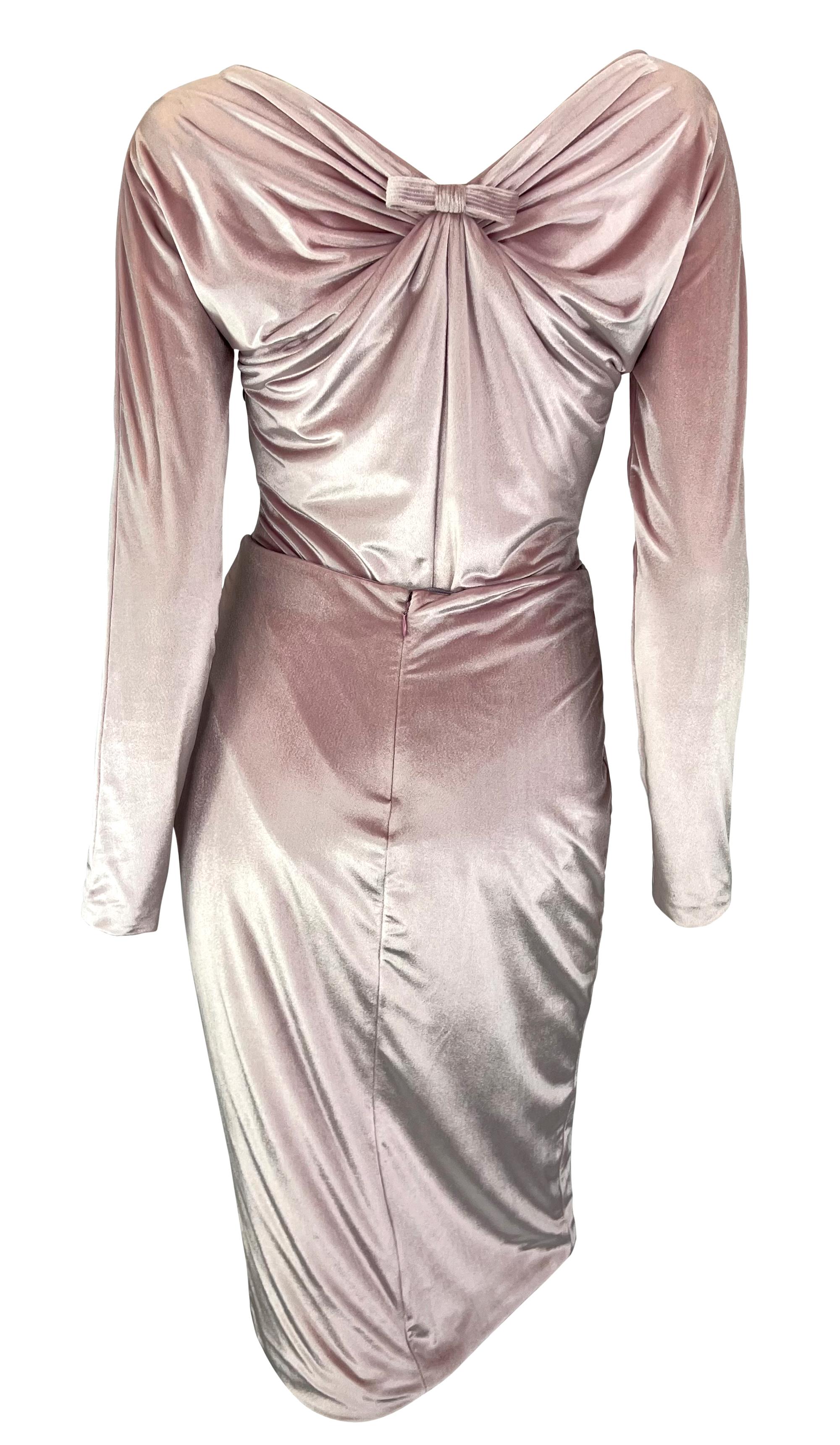 NWT F/W 1995 Gianni Versace Ruched Pink Velvet Bow Bodysuit Skirt Set For Sale 2