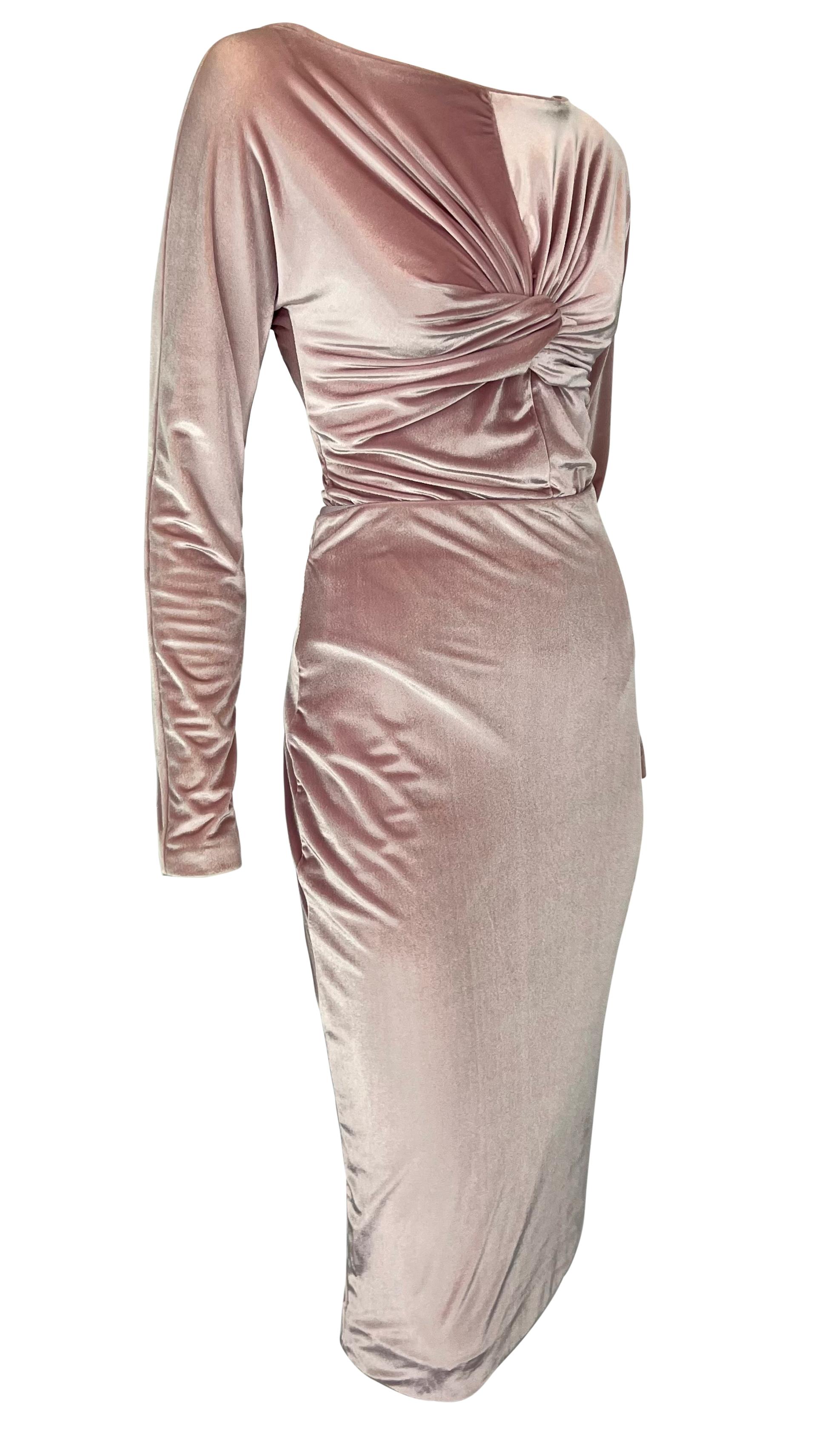 NWT F/W 1995 Gianni Versace Ruched Pink Velvet Bow Bodysuit Skirt Set For Sale 3