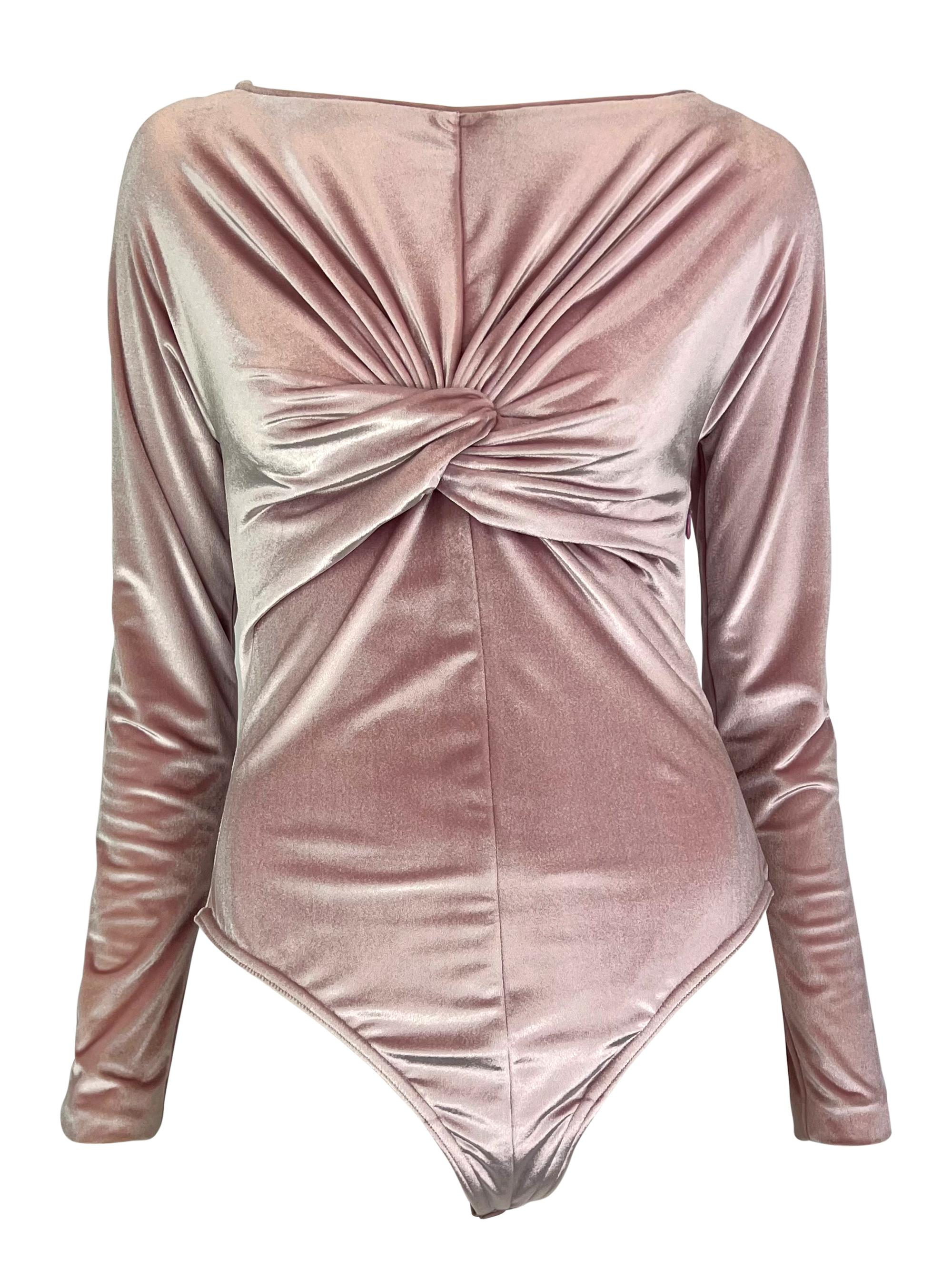 NWT F/W 1995 Gianni Versace Ruched Pink Velvet Bow Bodysuit Skirt Set For Sale 4