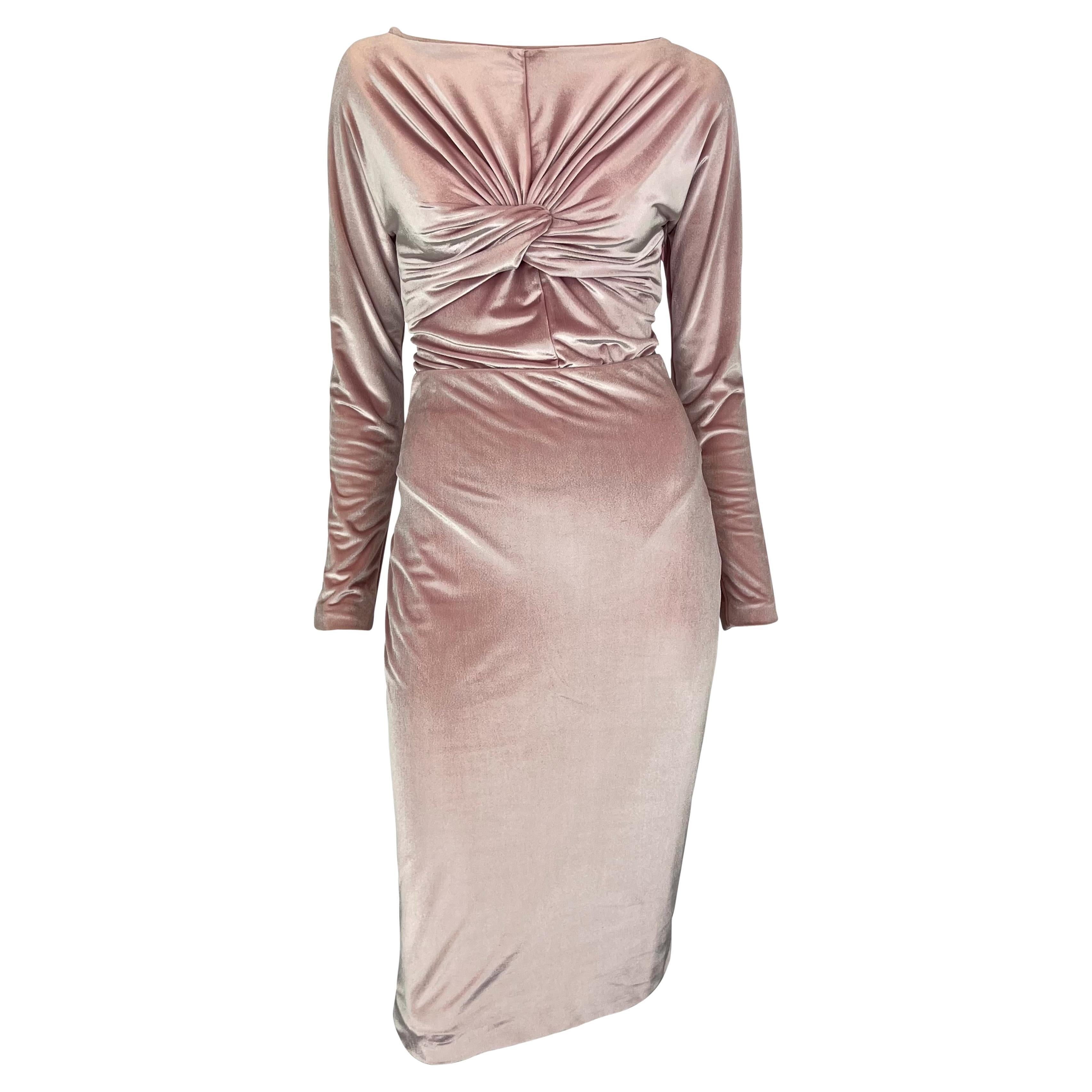 NWT F/W 1995 Gianni Versace Ruched Pink Velvet Bow Bodysuit Skirt Set For Sale