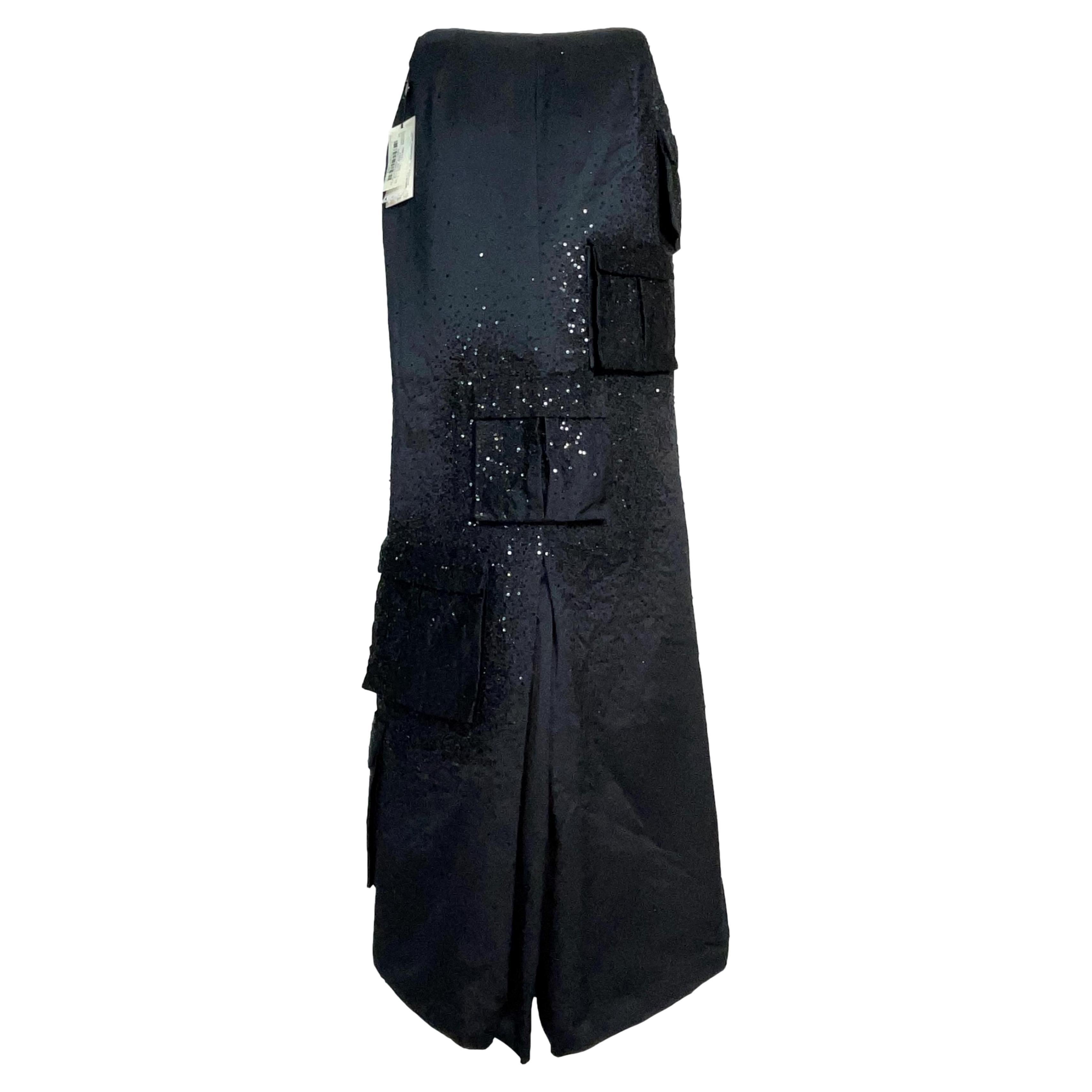 NWT F/W 1998 Atelier Versace Runway Black Embellished Cargo Maxi Skirt