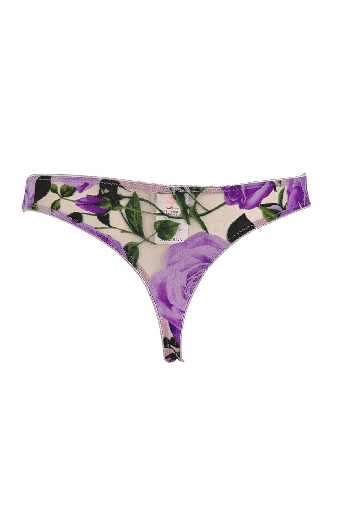 NWT F/W 2000 Dolce & Gabbana Sheer Purple Rose Print Mesh Underwear Lingerie For Sale 1