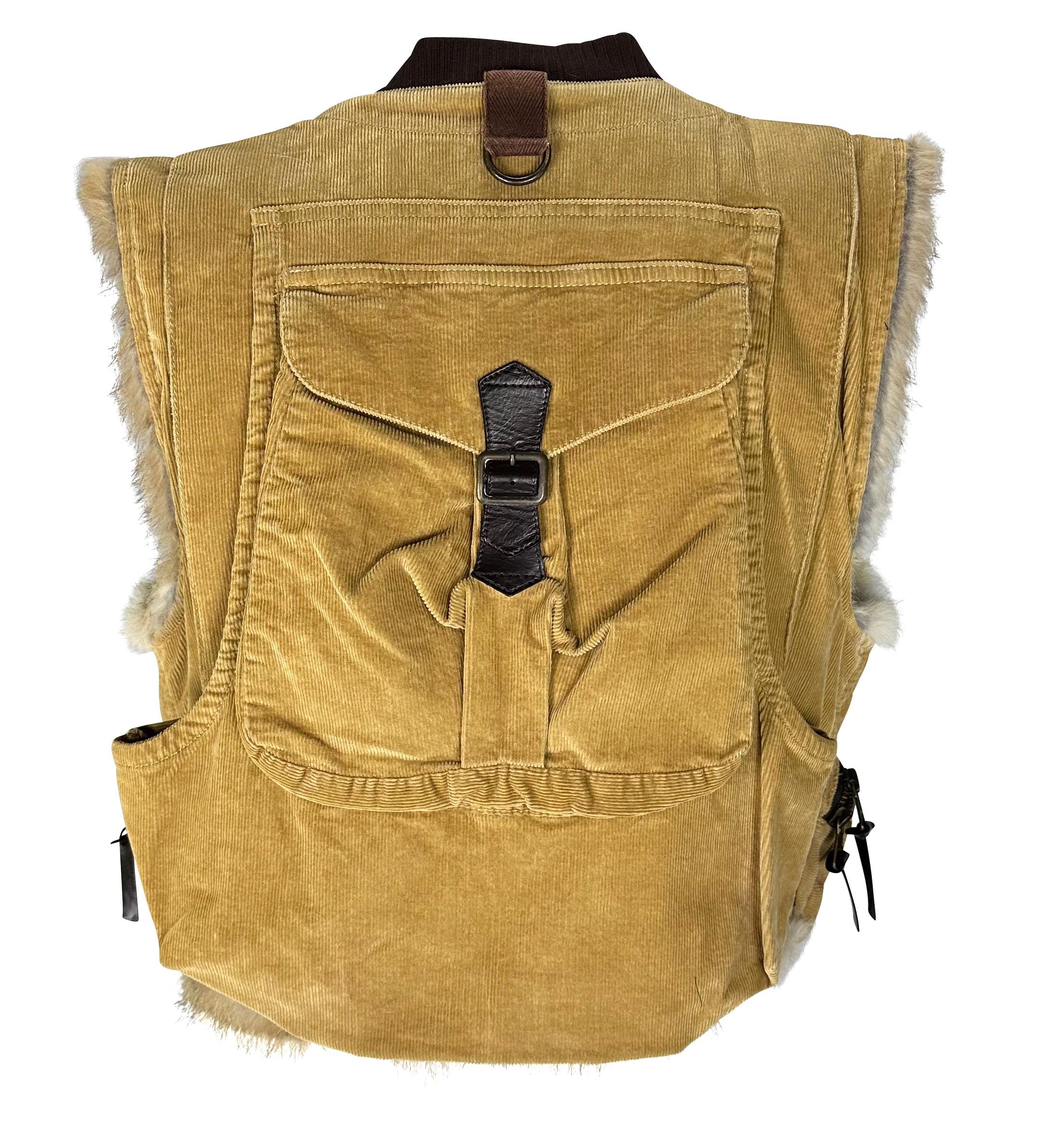 Women's NWT F/W 2002 Dolce & Gabbana Runway Fur Lined Corduroy Cargo Pocket Vest  For Sale