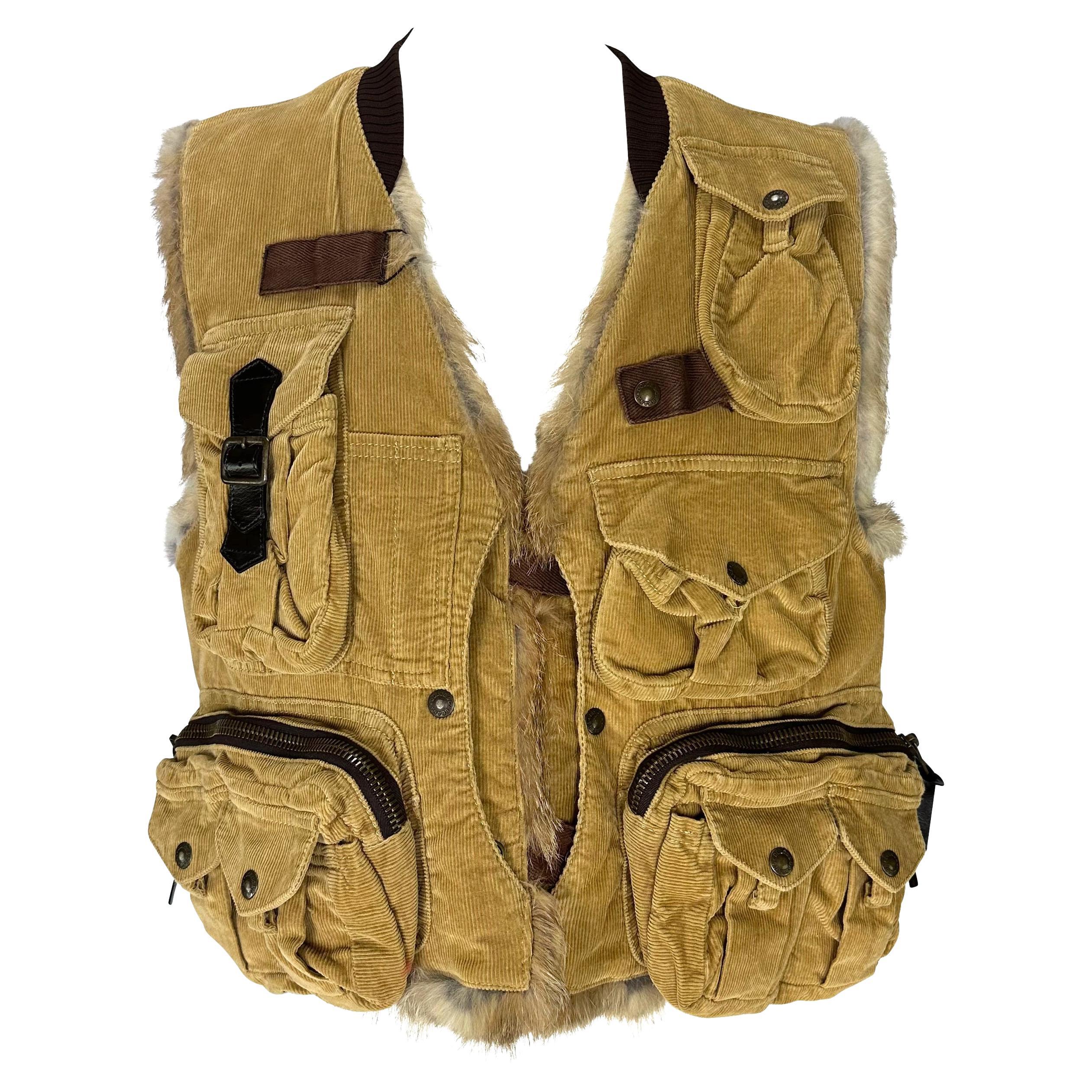 NWT F/W 2002 Dolce & Gabbana Runway Fur Lined Corduroy Cargo Pocket Vest  For Sale
