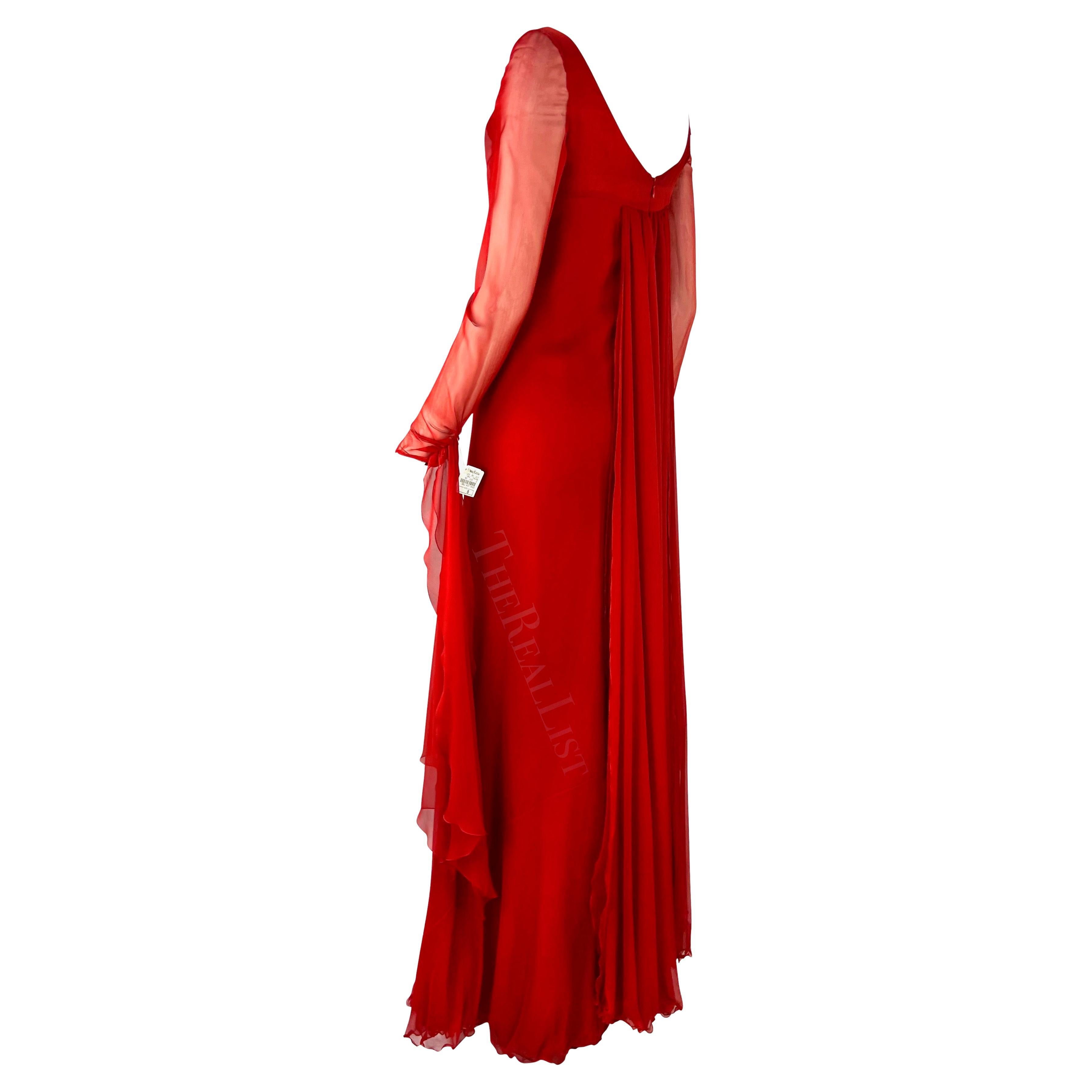 NWT F/W 2002 Valentino Garavani Runway Finale Red Silk Chiffon Train Gown For Sale 3