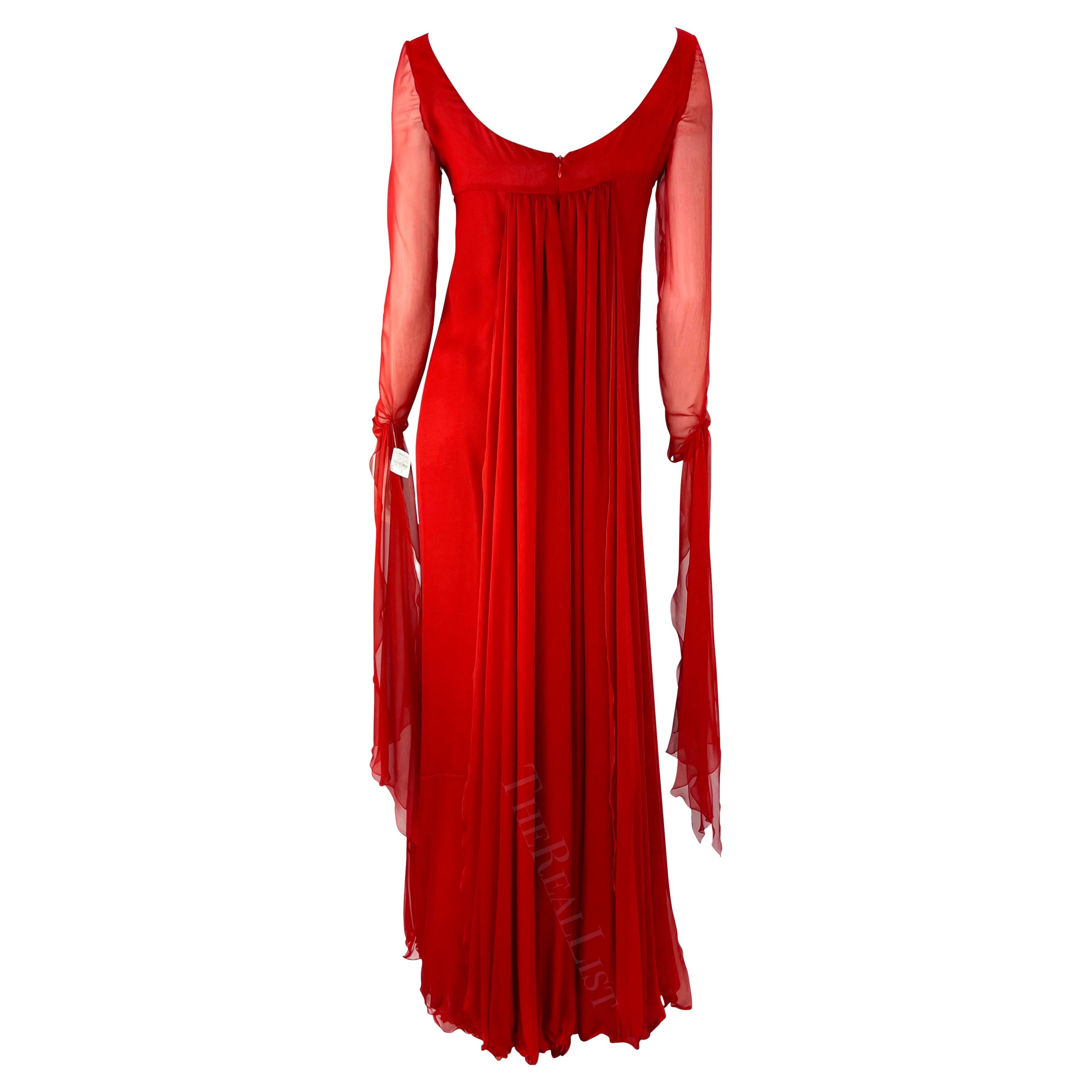 NWT F/W 2002 Valentino Garavani Runway Finale Red Silk Chiffon Train Gown For Sale 5