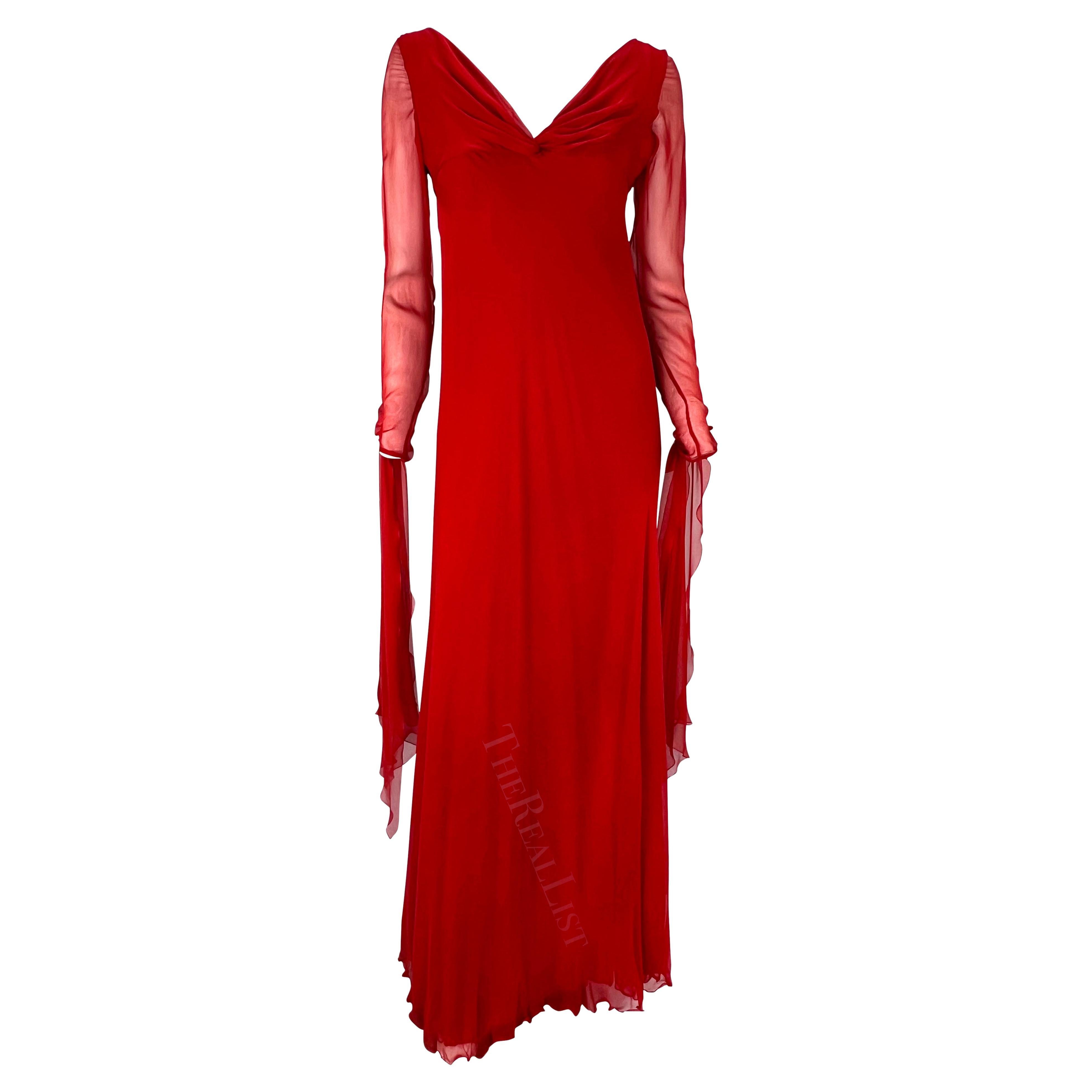 NWT F/W 2002 Valentino Garavani Runway Finale Red Silk Chiffon Train Gown For Sale