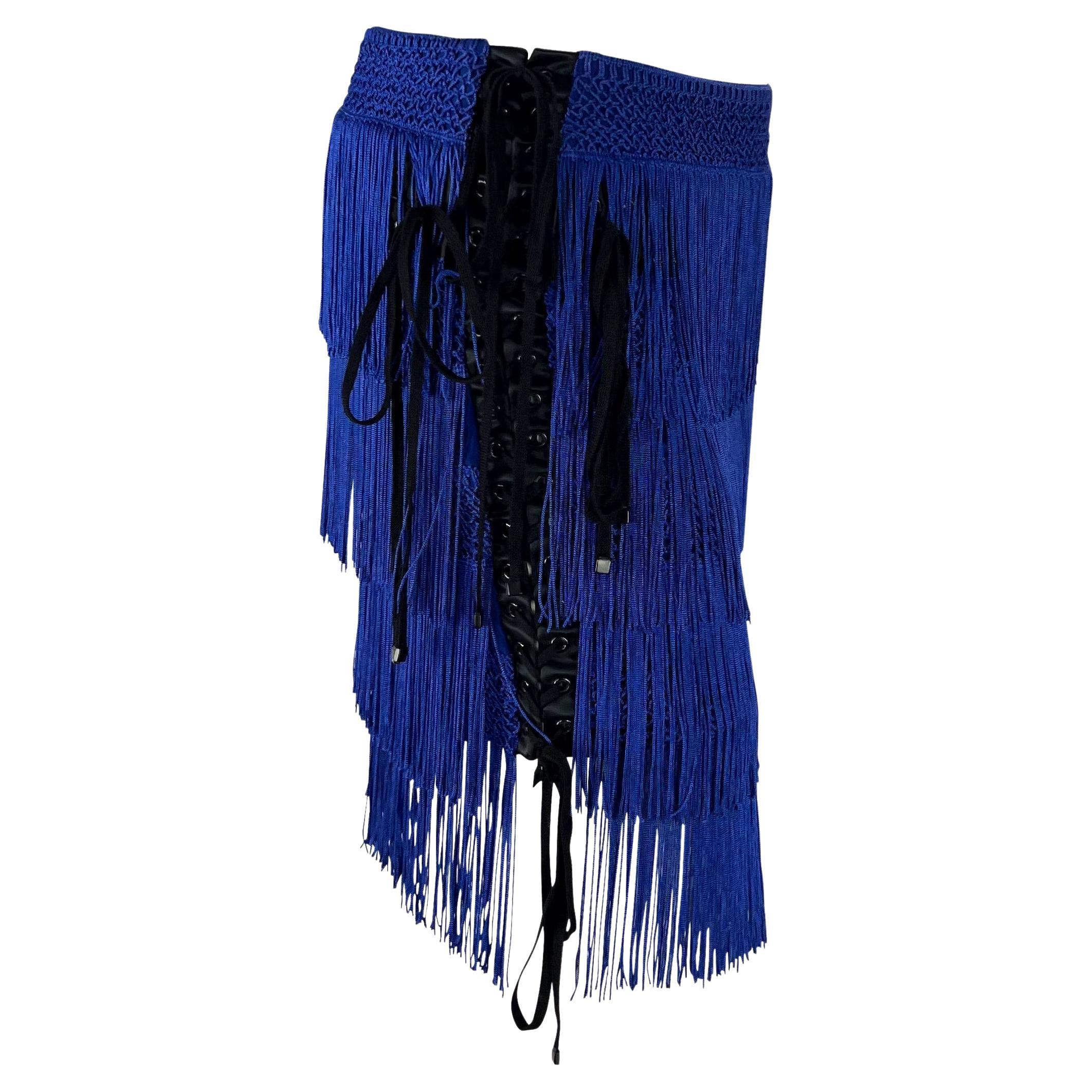 Women's NWT F/W 2003 Dolce & Gabbana Runway Blue Fringe Lace-Up Corset Mini Skirt For Sale