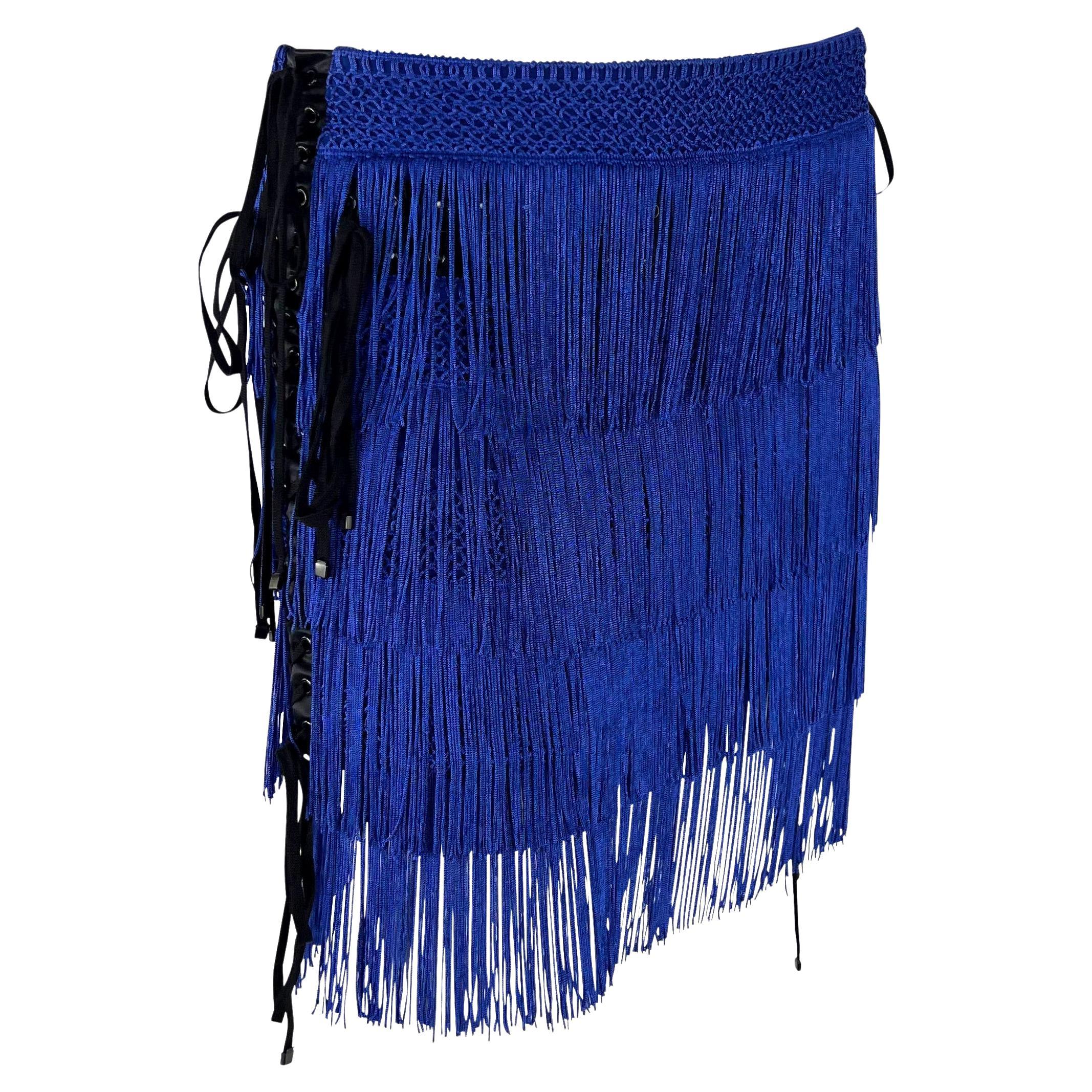 NWT F/W 2003 Dolce & Gabbana Runway Blue Fringe Lace-Up Corset Mini Skirt For Sale 1