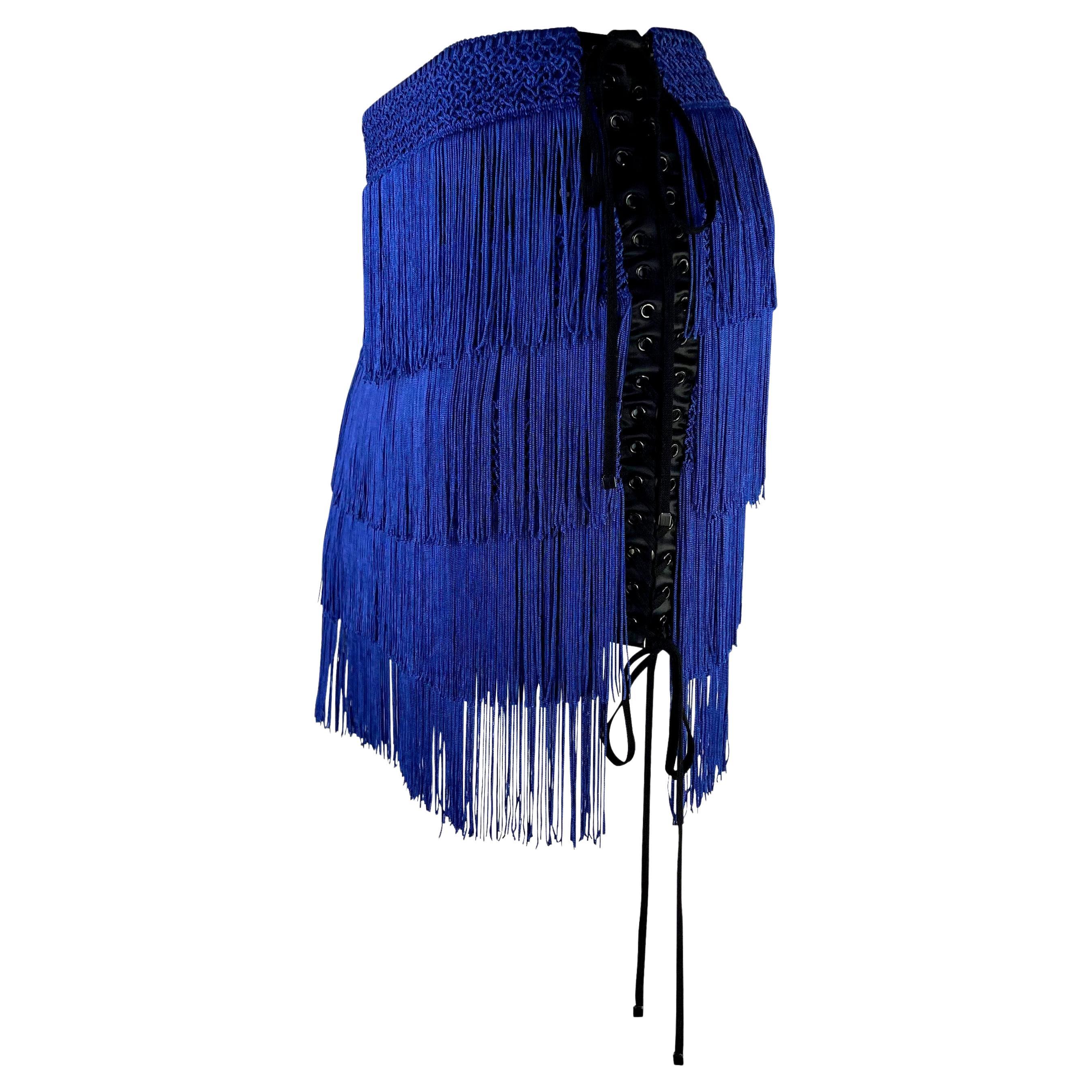 NWT F/W 2003 Dolce & Gabbana Runway Blue Fringe Lace-Up Corset Mini Skirt For Sale