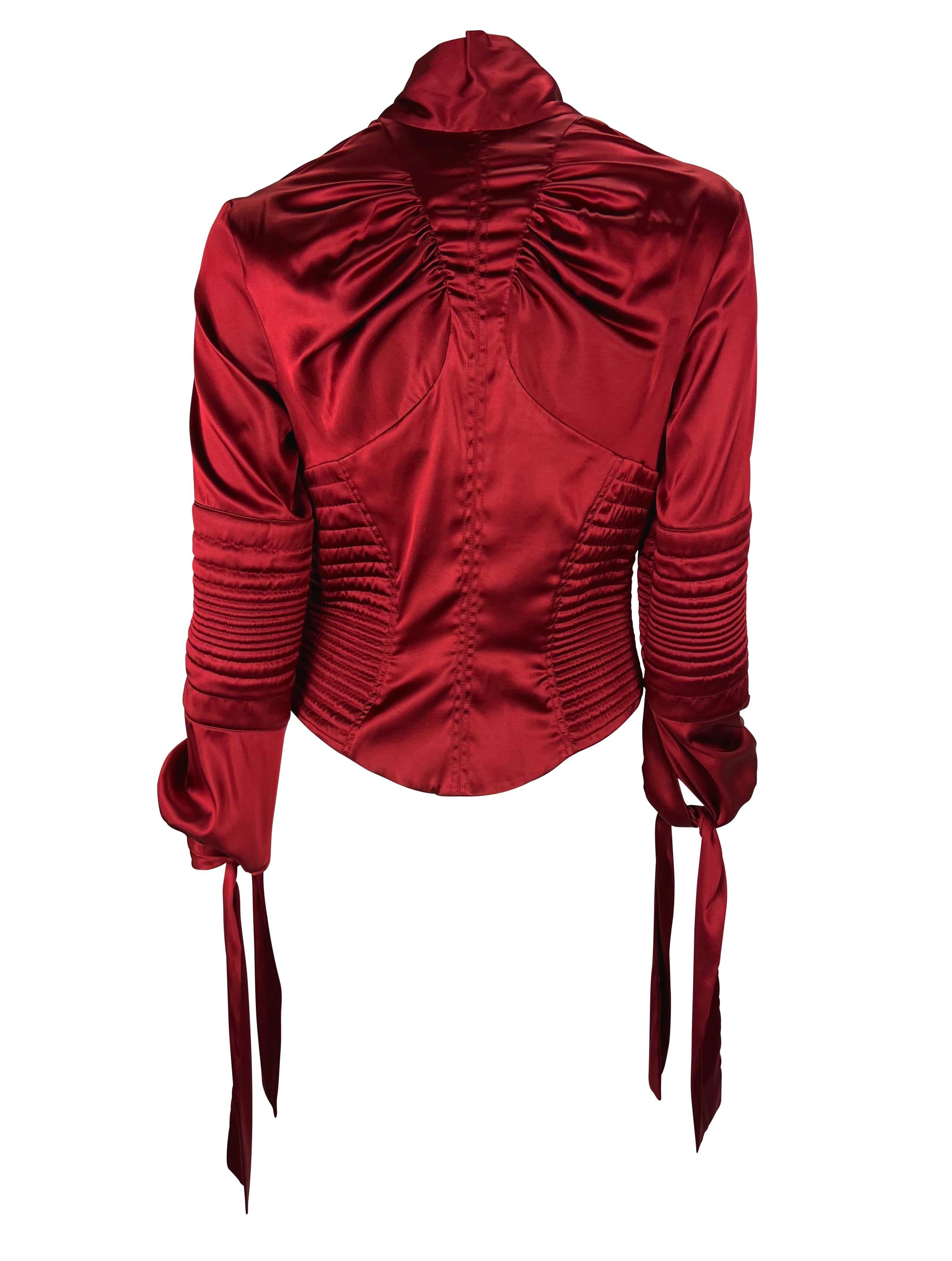 Women's NWT F/W 2003 Gucci by Tom Ford Deep Red Stretch Satin Quilted Corset Tie Blouse For Sale