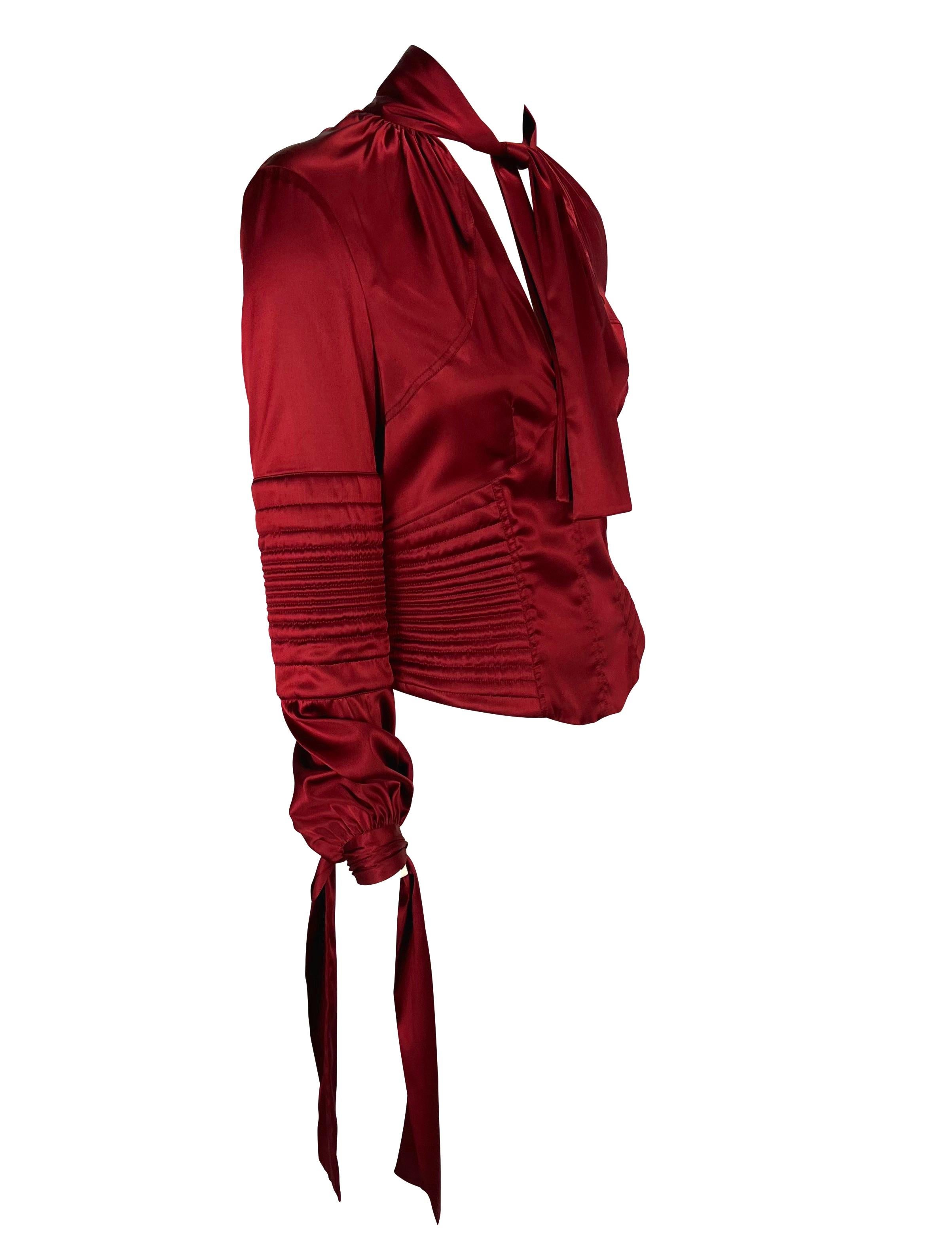 NWT F/W 2003 Gucci by Tom Ford Deep Red Stretch Satin Quilted Corset Tie Blouse For Sale 2
