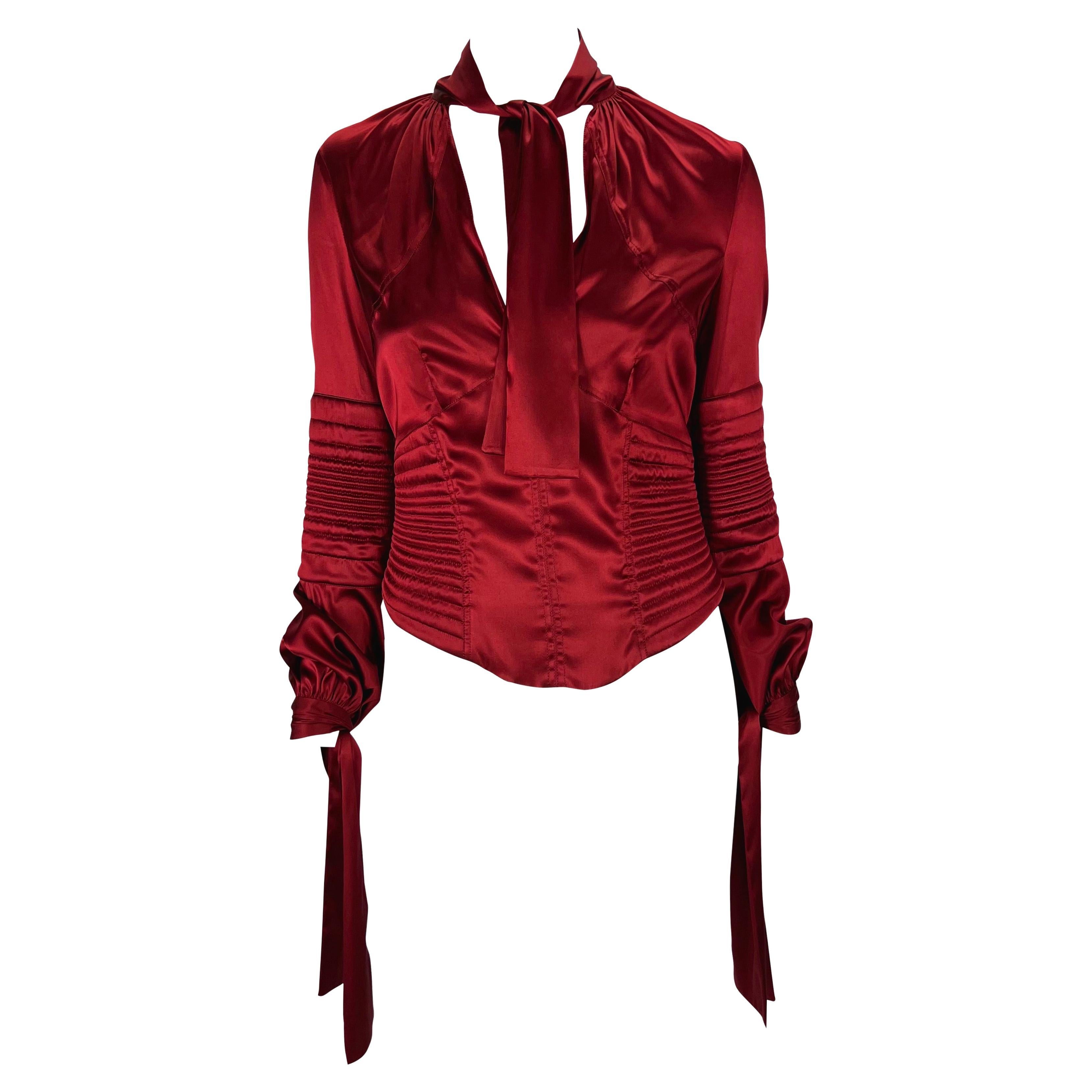 NWT F/W 2003 Gucci by Tom Ford Deep Red Stretch Satin Quilted Corset Tie Blouse For Sale