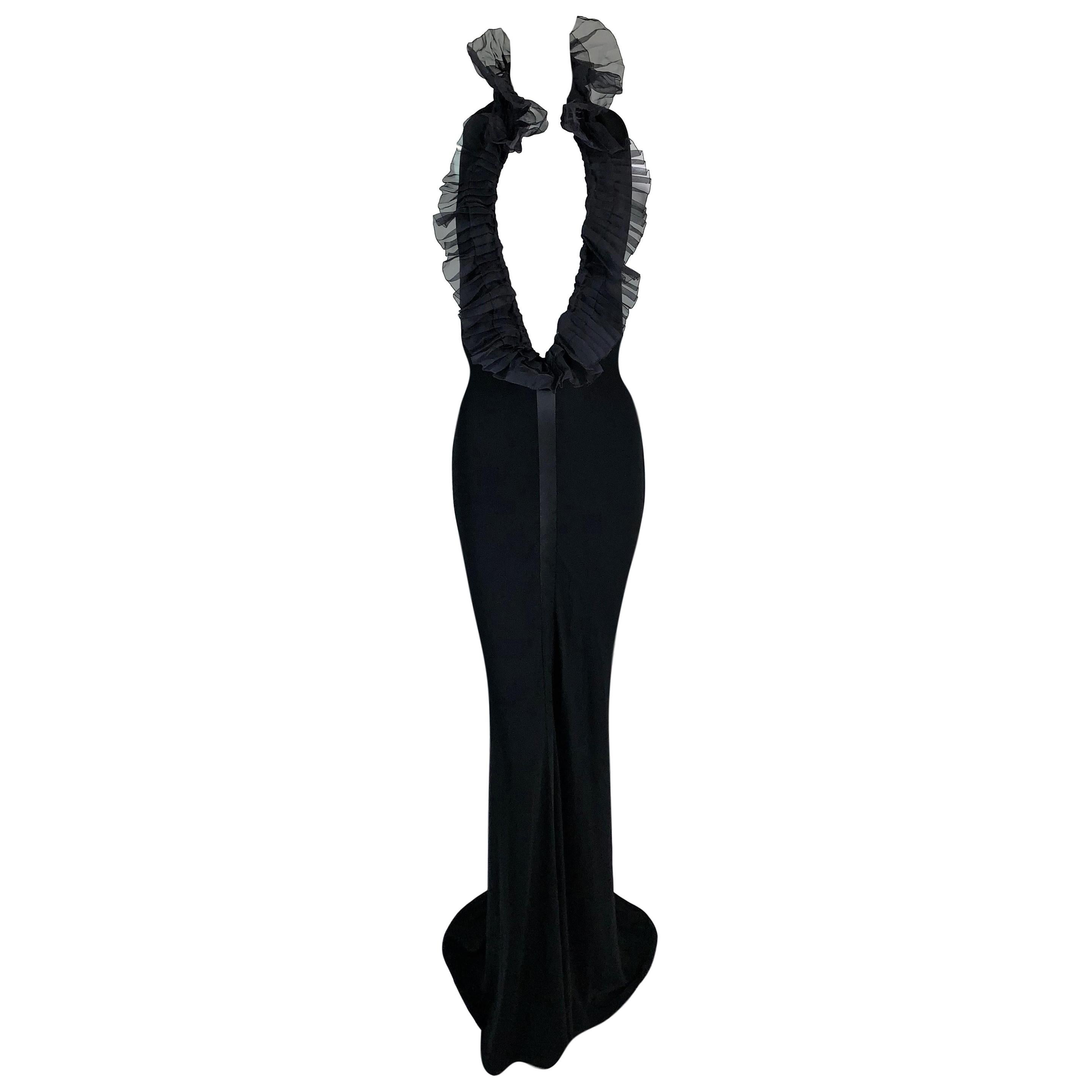 NWT F/W 2004 Gianfranco Ferre Plunging Black Bodycon Long Dress Gown For Sale