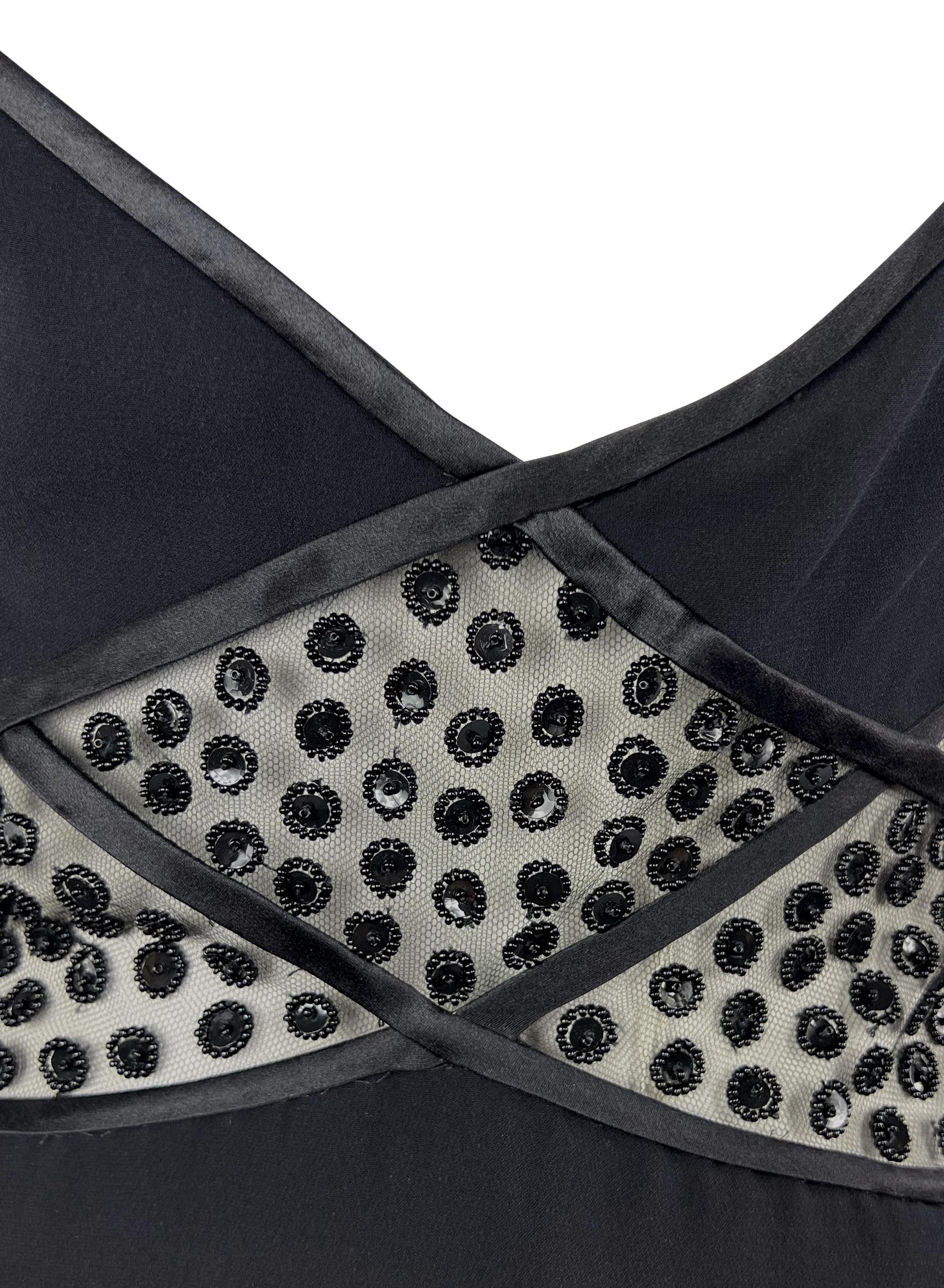 NWT F/W 2004 Valentino Garavani Sheer Black Beaded Silk Ribbon Cutout Mini Dress Pour femmes en vente