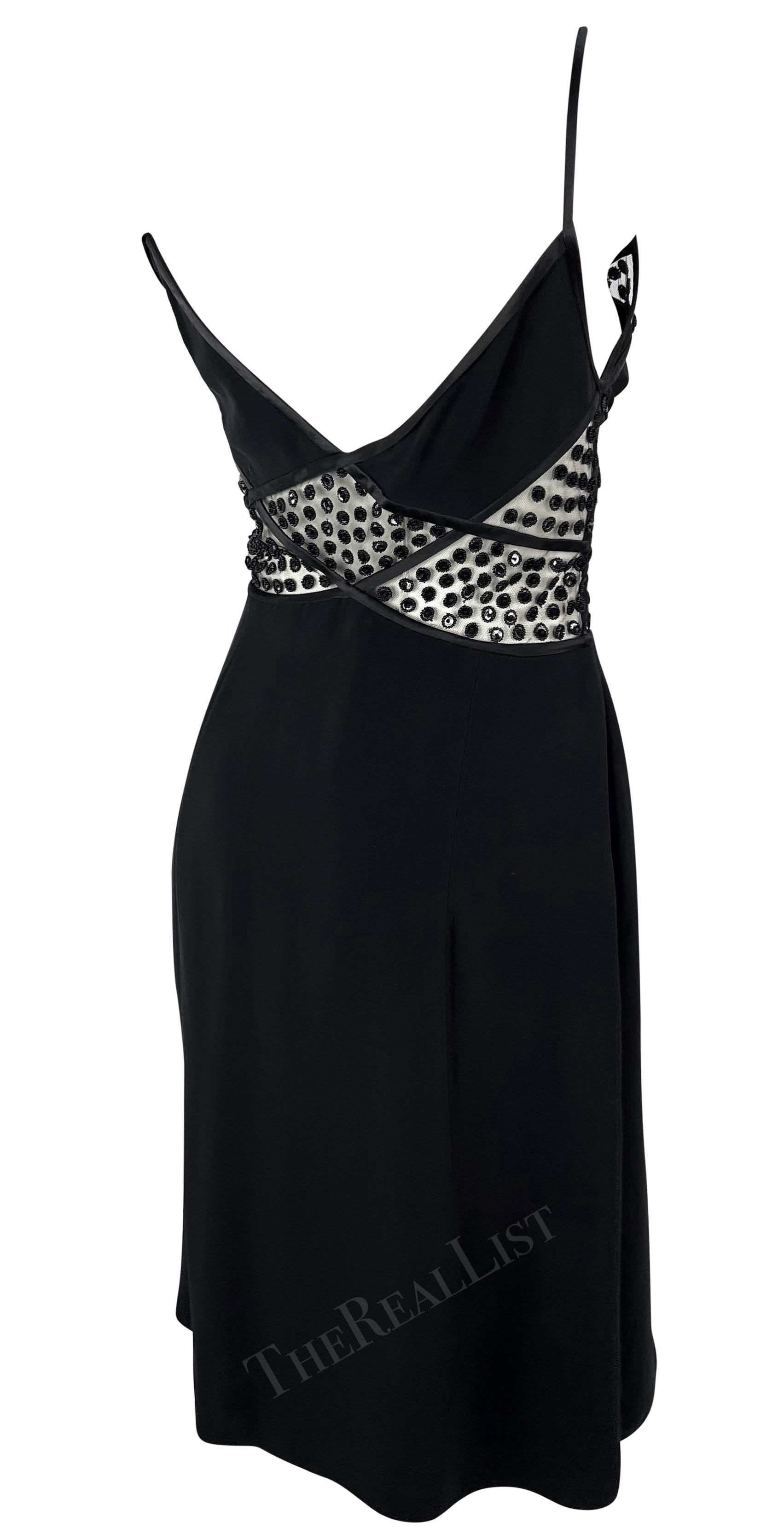 NWT F/W 2004 Valentino Garavani Sheer Black Beaded Silk Ribbon Cutout Mini Dress For Sale 1