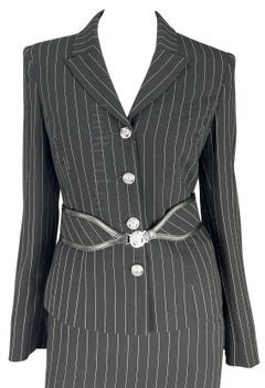 NWT F/W 2004 Versace by Donatella Black Wool Blend Pinstripe Medusa Belted Suit